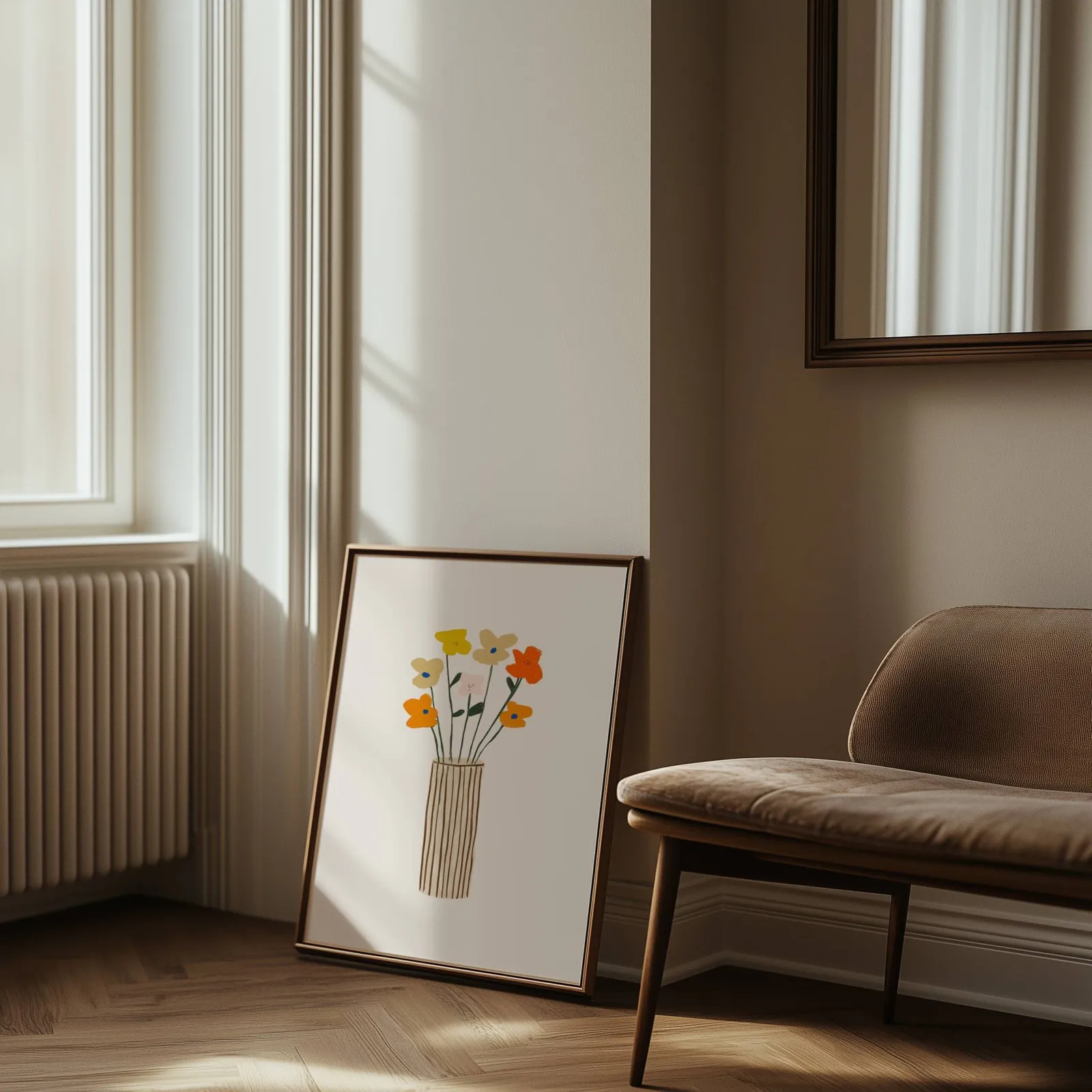 colorful floral wall art with striped vase, leaning against the wall beside a sunlit radiator and herringbone floor
