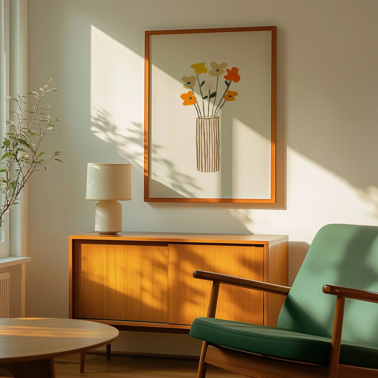 colorful floral wall art with striped vase, above a wooden sideboard with a ceramic lamp and dappled sunlight