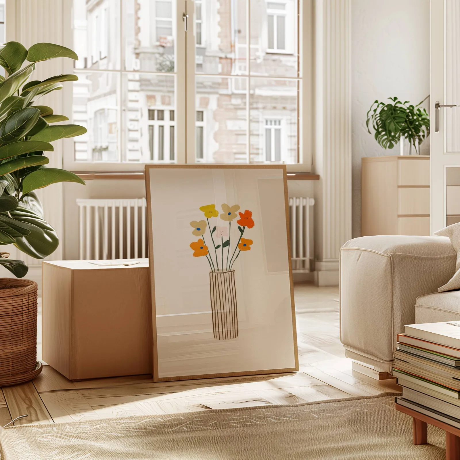 colorful floral wall art with striped vase, leaning against a cardboard box near a tall window radiator