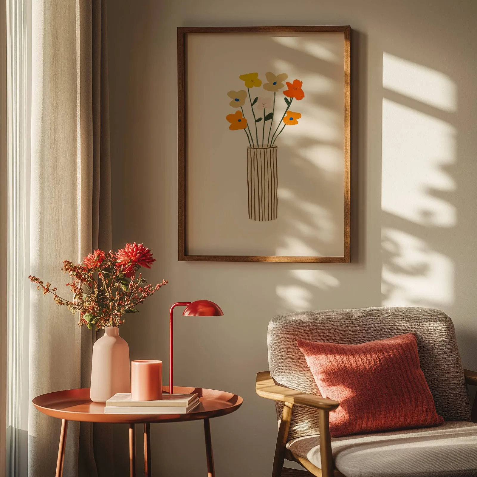 colorful floral wall art with striped vase, above a round side table with a red lamp and dahlias