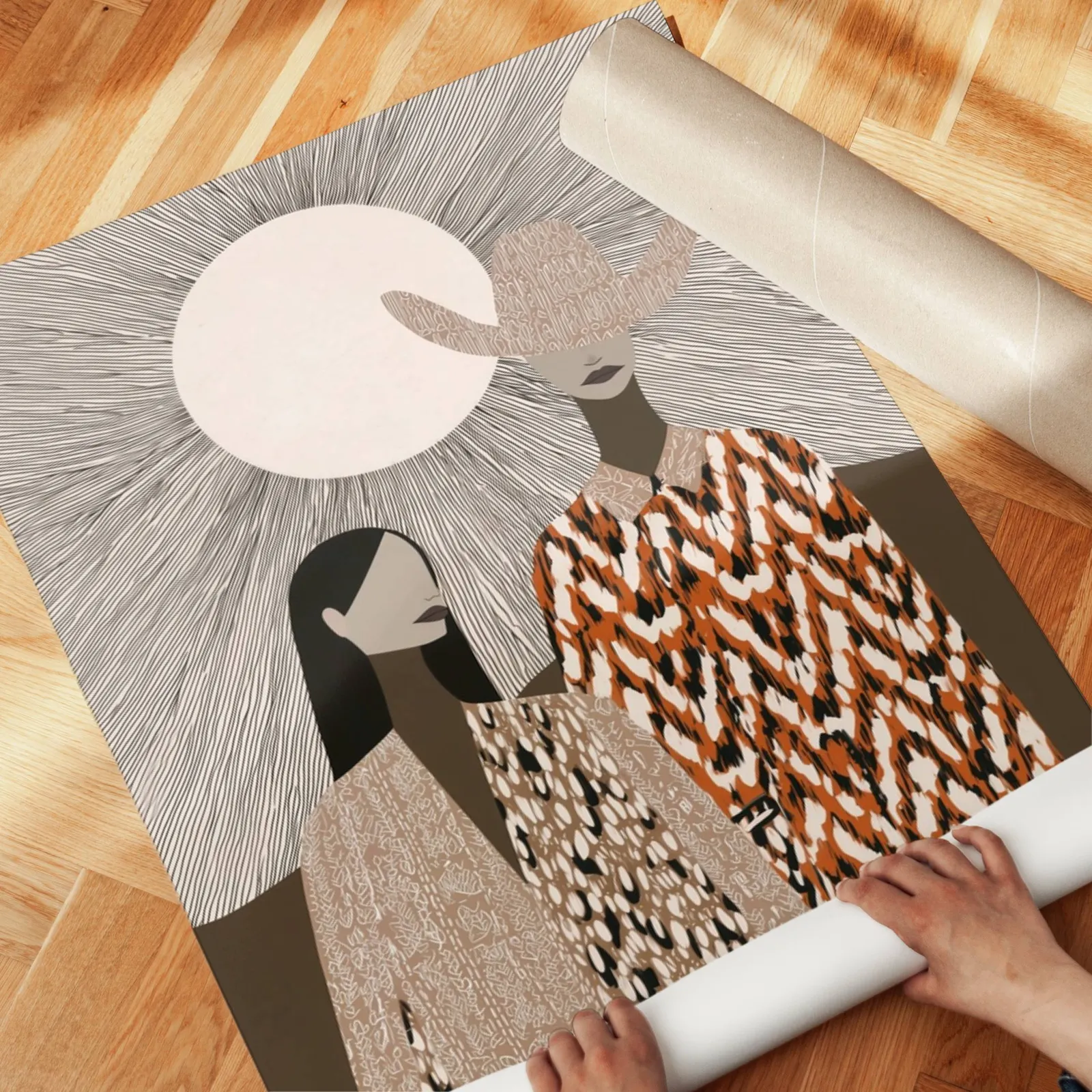 boho western wall art with two women in patterned cloaks, unrolled across a herringbone parquet floor by hand