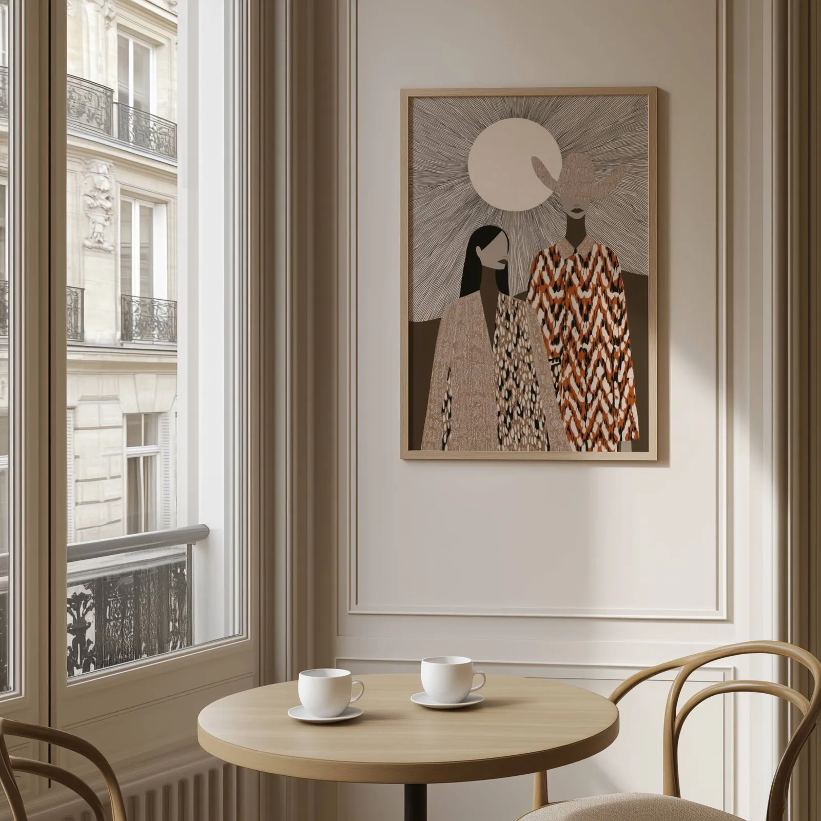 boho western wall art with two women in patterned cloaks, above a round café table set with two coffee cups