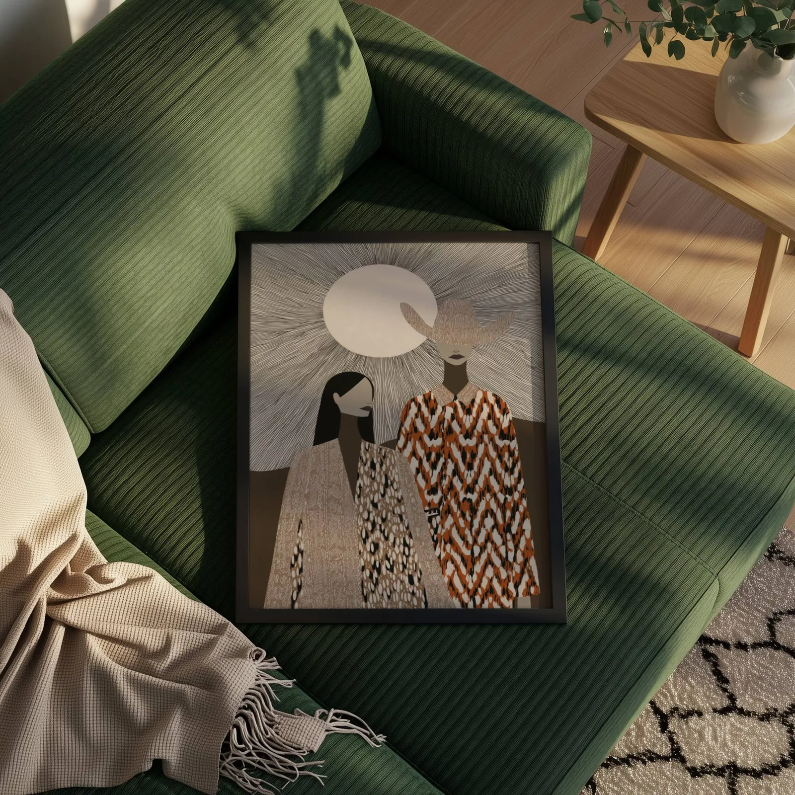 boho western wall art with two women in patterned cloaks, propped on a ribbed olive-green sofa beside a fringed throw