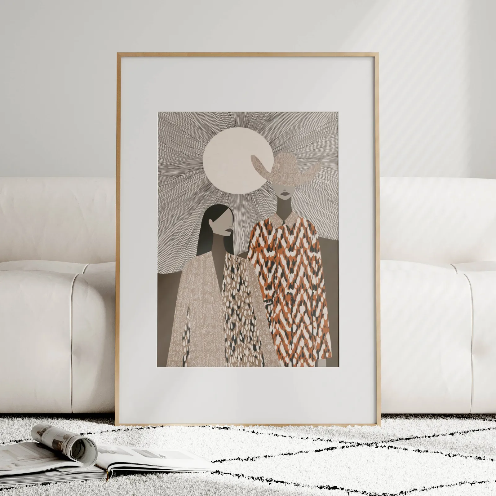 boho western wall art with two women in patterned cloaks, leaning against a plush cream sofa on a patterned rug
