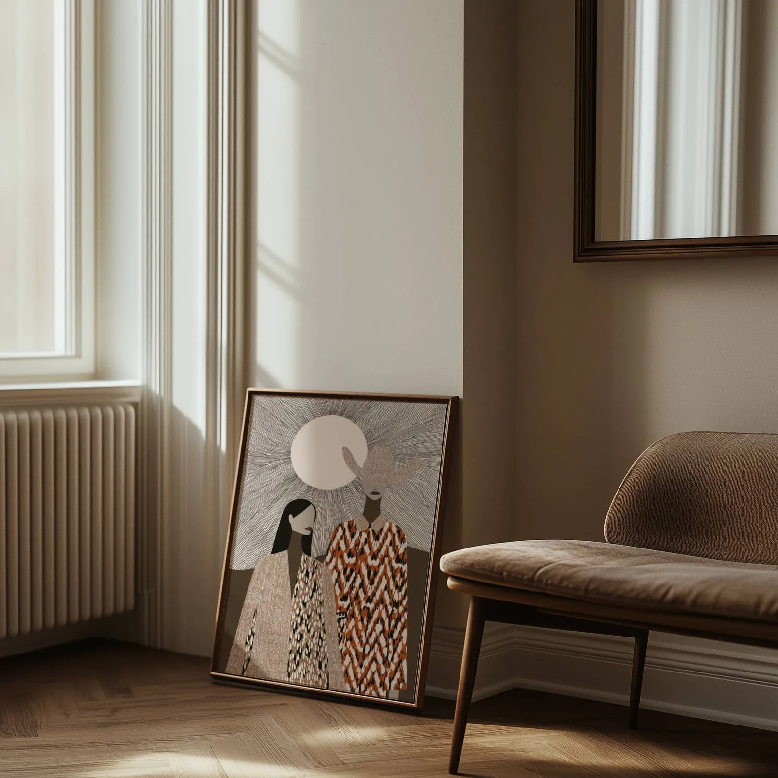 boho western wall art with two women in patterned cloaks, leaning against the wall beside a sunlit radiator and herringbone floor