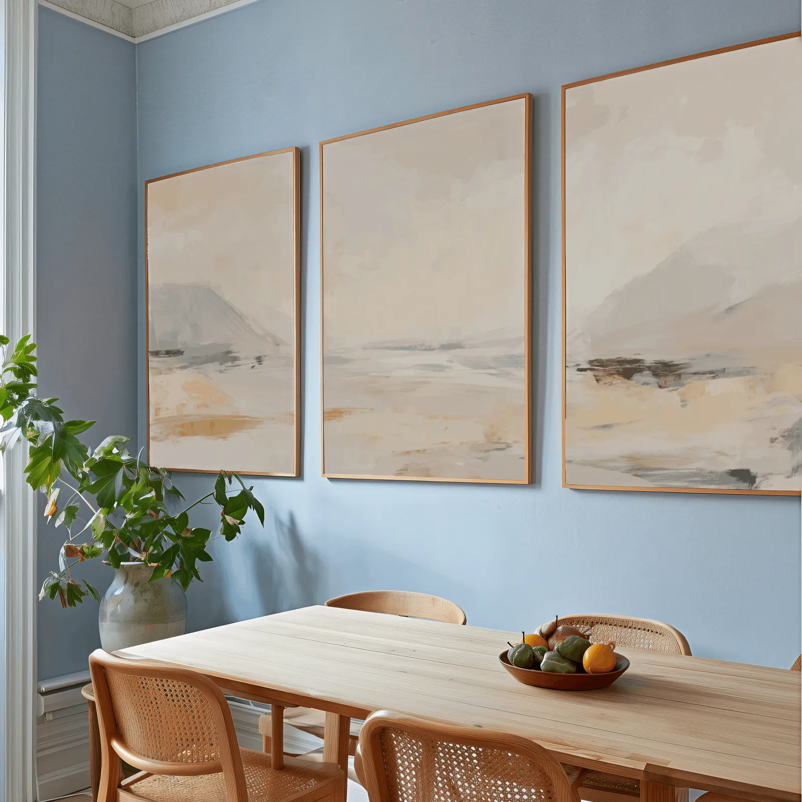 beige abstract landscape wall art set of three, above a wooden dining table with cane chairs and a fruit bowl