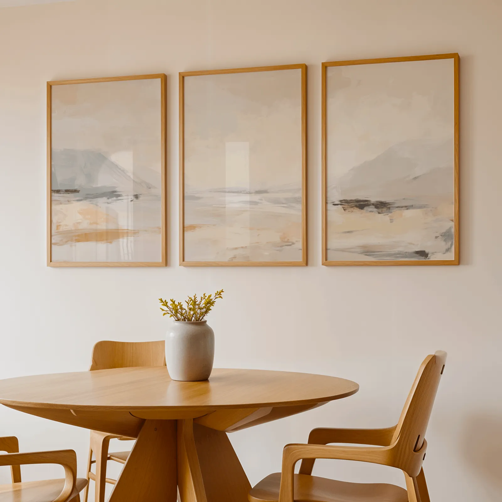 beige abstract landscape wall art set of three, above a round wooden table with a stoneware vase