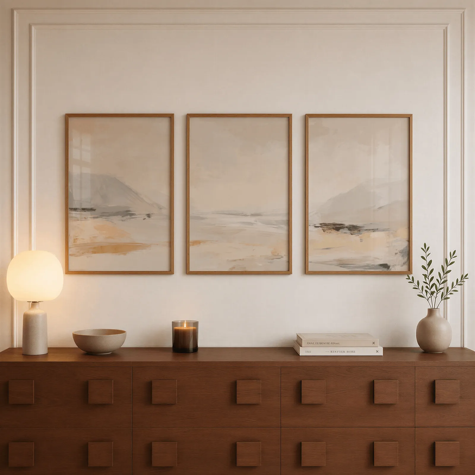 beige abstract landscape wall art set of three, above a walnut sideboard with a lit candle and glowing lamp