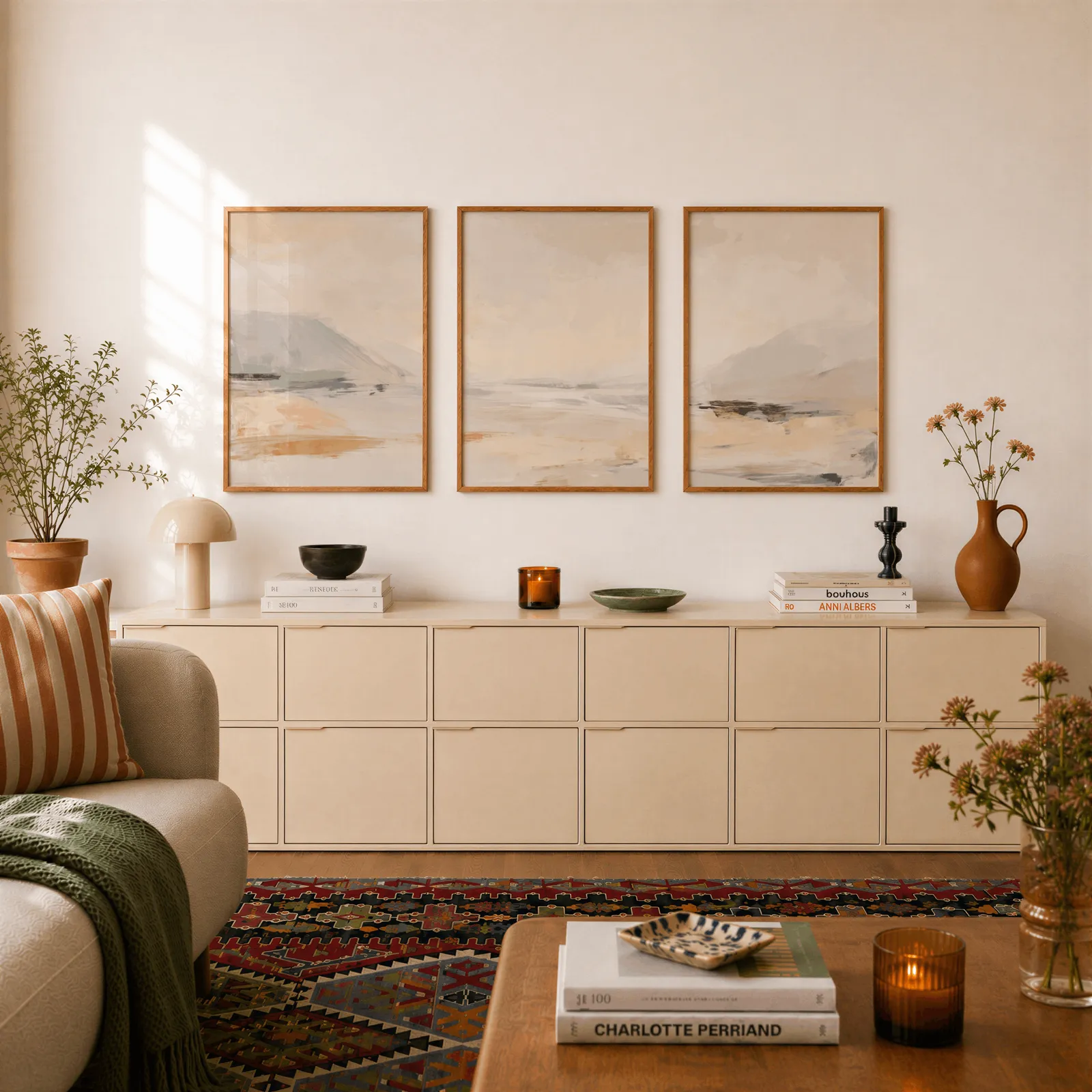 beige abstract landscape wall art set of three, above a long cream sideboard topped with books and a terracotta jug