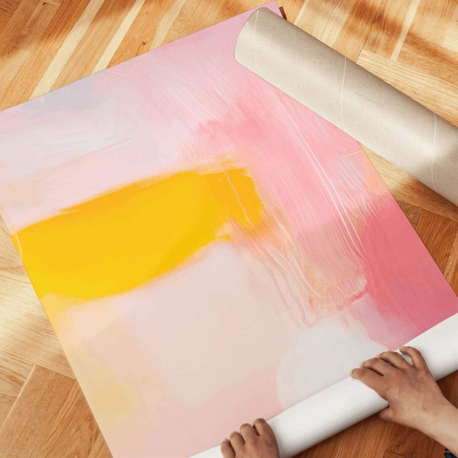 pink and yellow abstract wall art set of 3, unrolled across a herringbone wood floor by hand