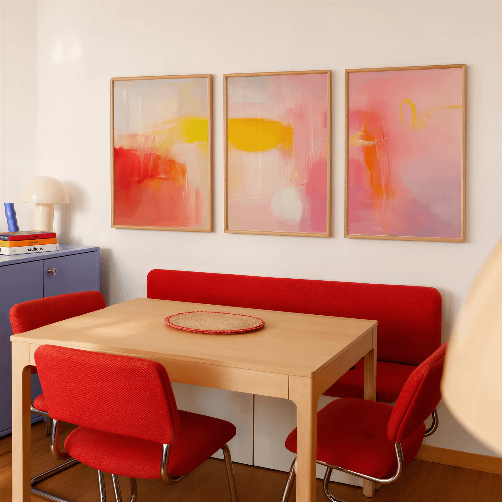 pink and yellow abstract wall art set of 3, above a red banquette bench beside a lavender cabinet