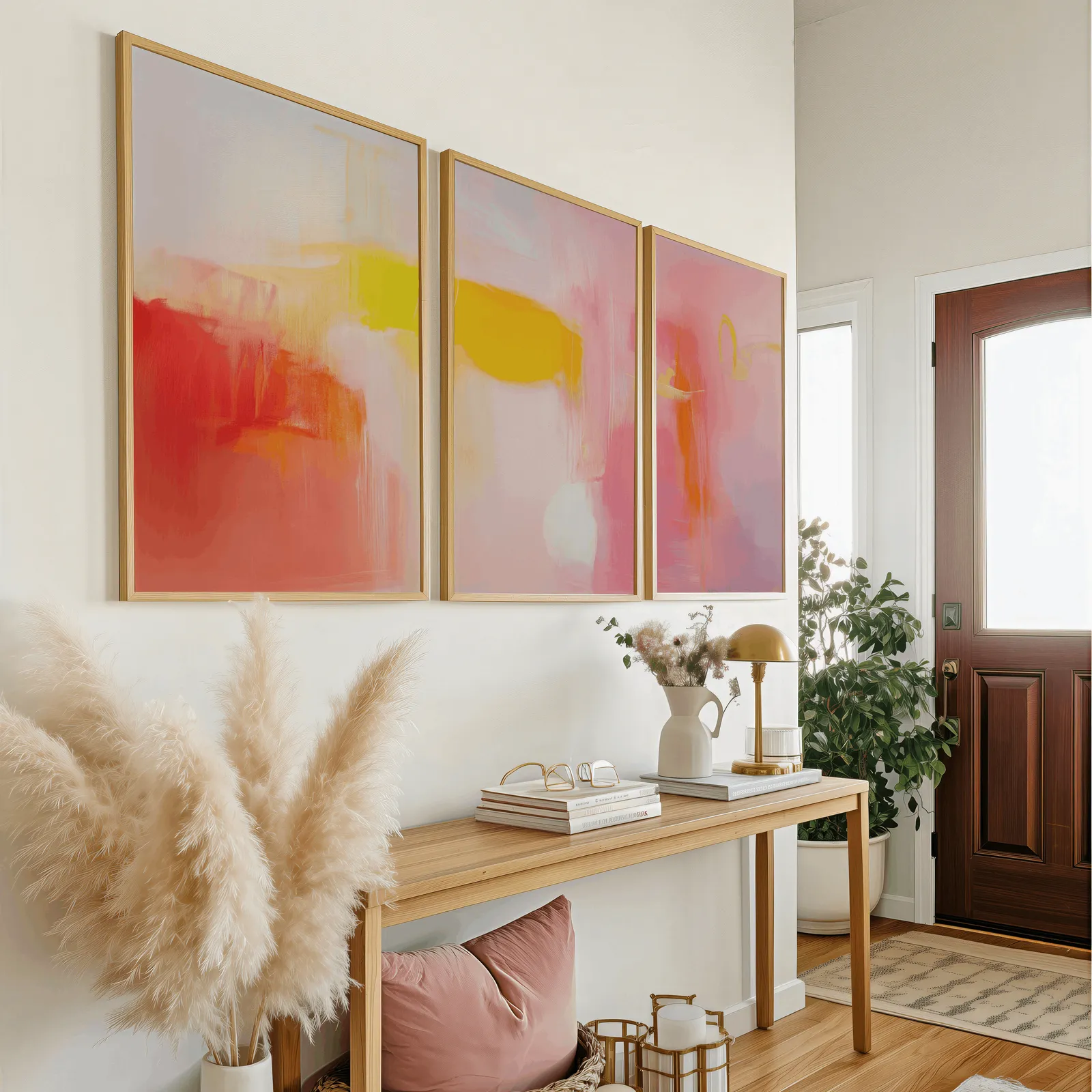 pink and yellow abstract wall art set of 3, above a wooden console table near the entry door