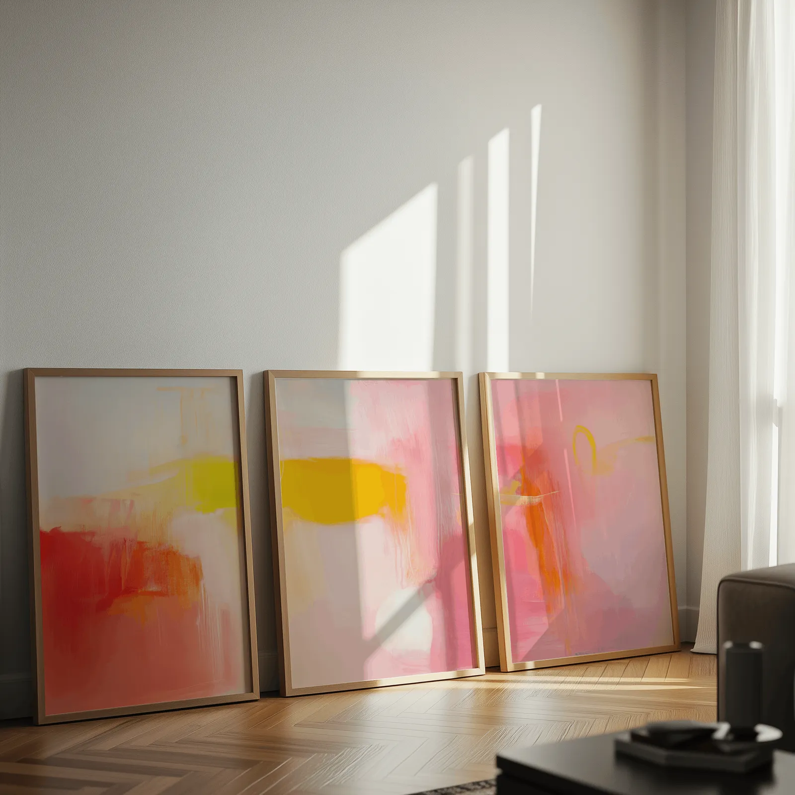 pink and yellow abstract wall art set of 3, leaning against a sunlit wall on herringbone flooring
