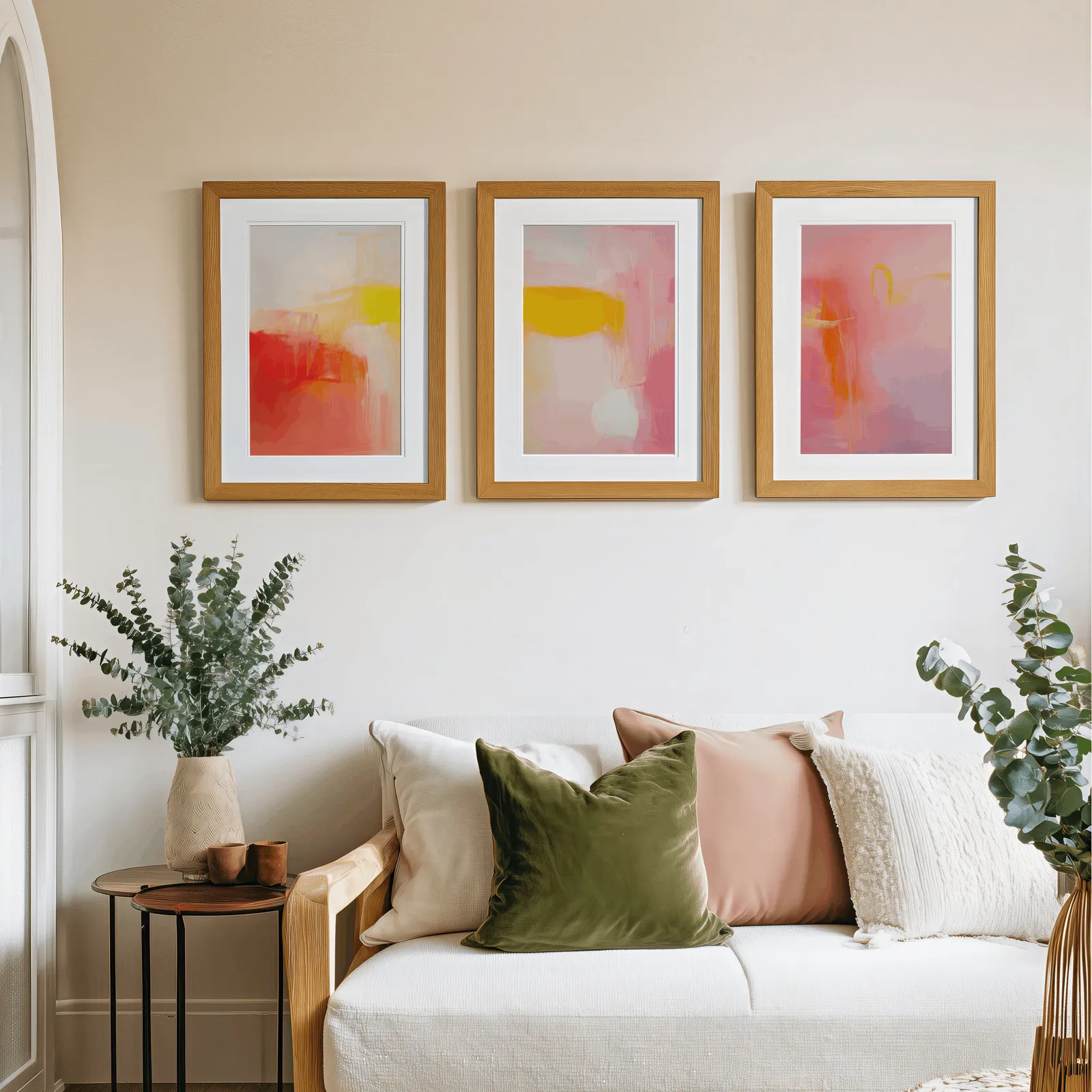 pink and yellow abstract wall art set of 3, above a cream sofa piled with olive and blush pillows