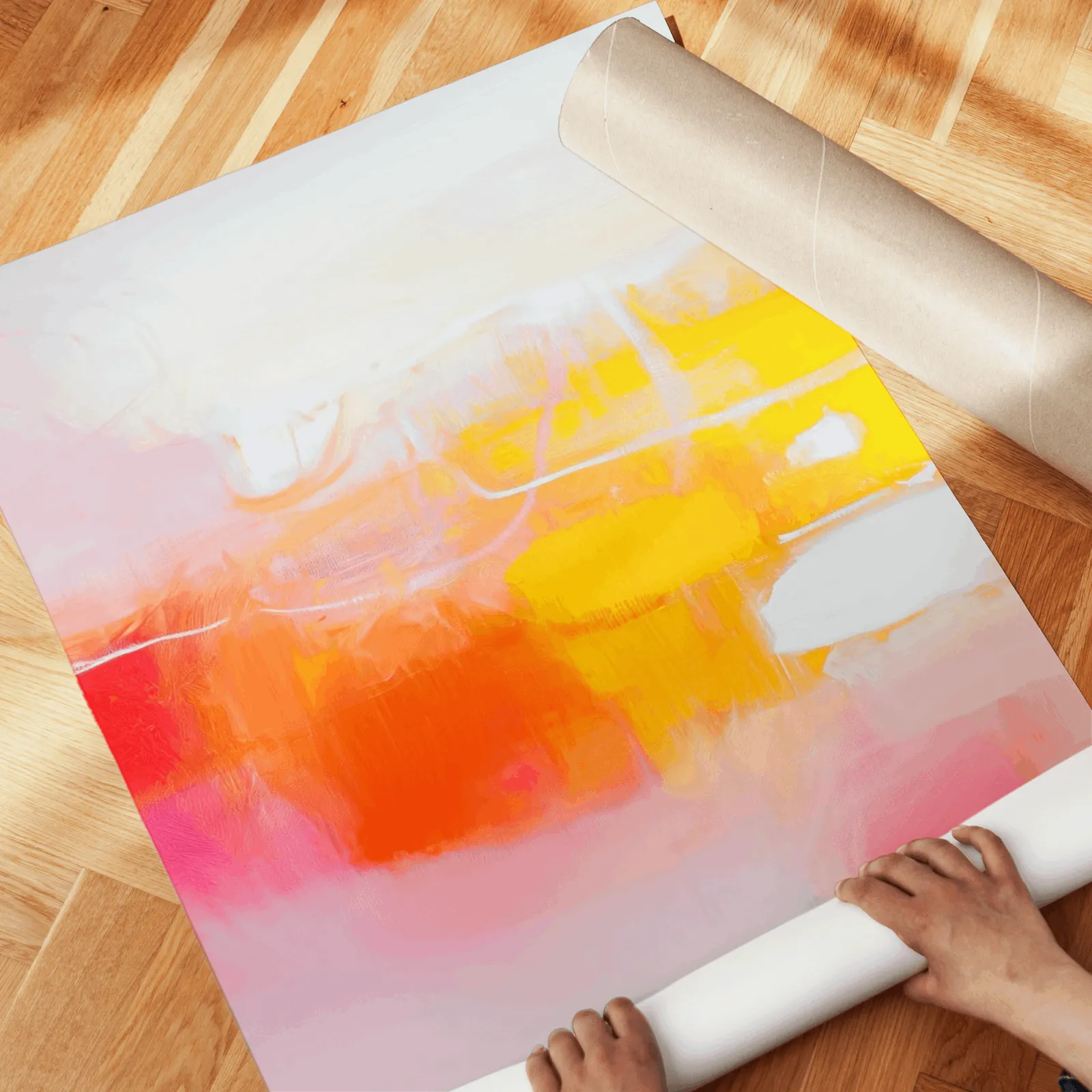 colorful abstract wall art set of 3 in pink orange and yellow, unrolled across a herringbone wood floor by hand