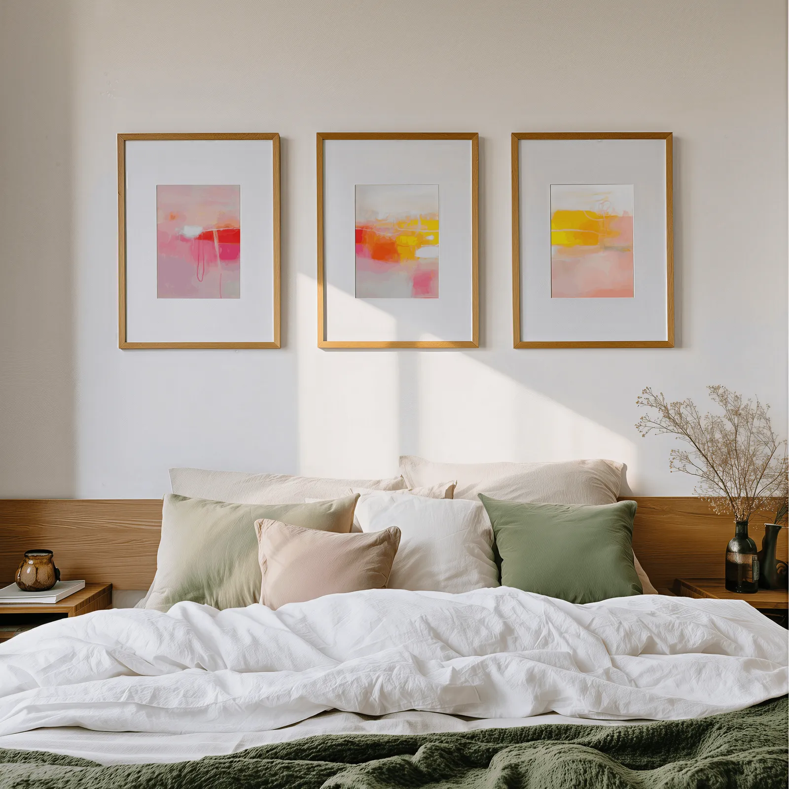 colorful abstract wall art set of 3 in pink orange and yellow, above a wooden headboard scattered with sage and blush pillows