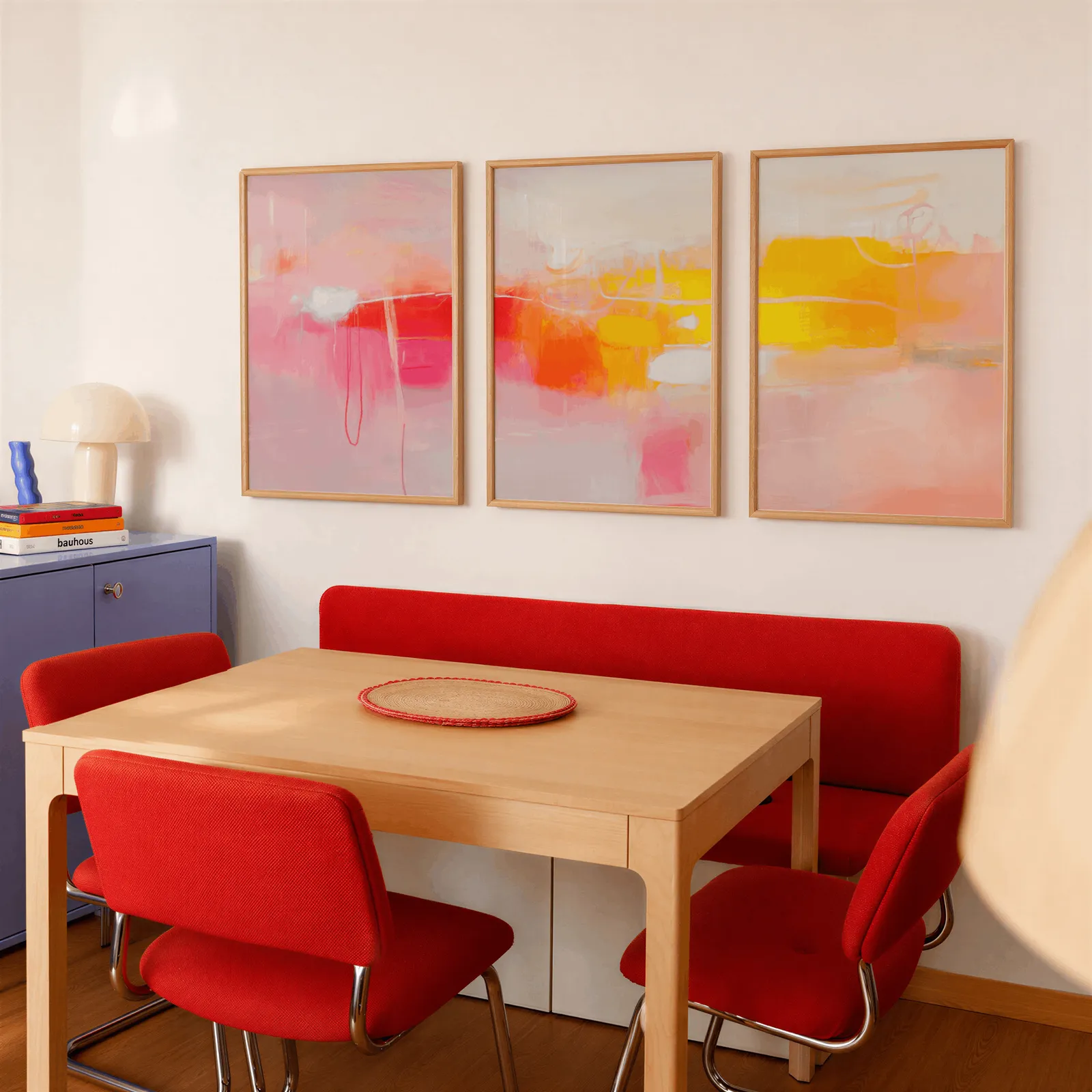 colorful abstract wall art set of 3 in pink orange and yellow, above a red banquette bench beside a lavender cabinet