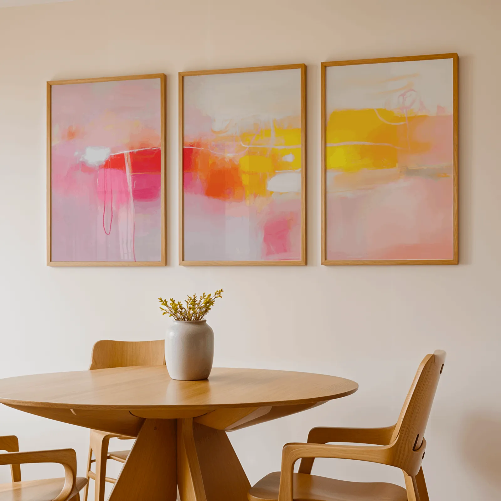 colorful abstract wall art set of 3 in pink orange and yellow, above a round wooden table with a stoneware vase