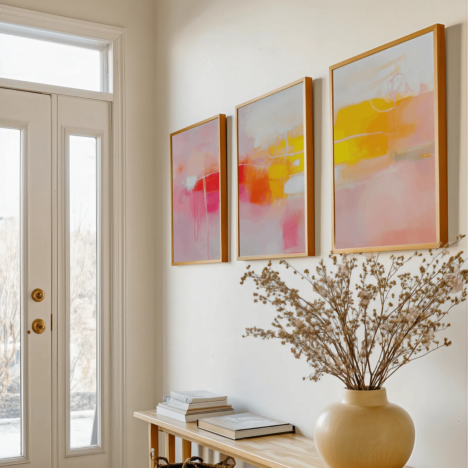 colorful abstract wall art set of 3 in pink orange and yellow, above a console table with a yellow vase of dried branches