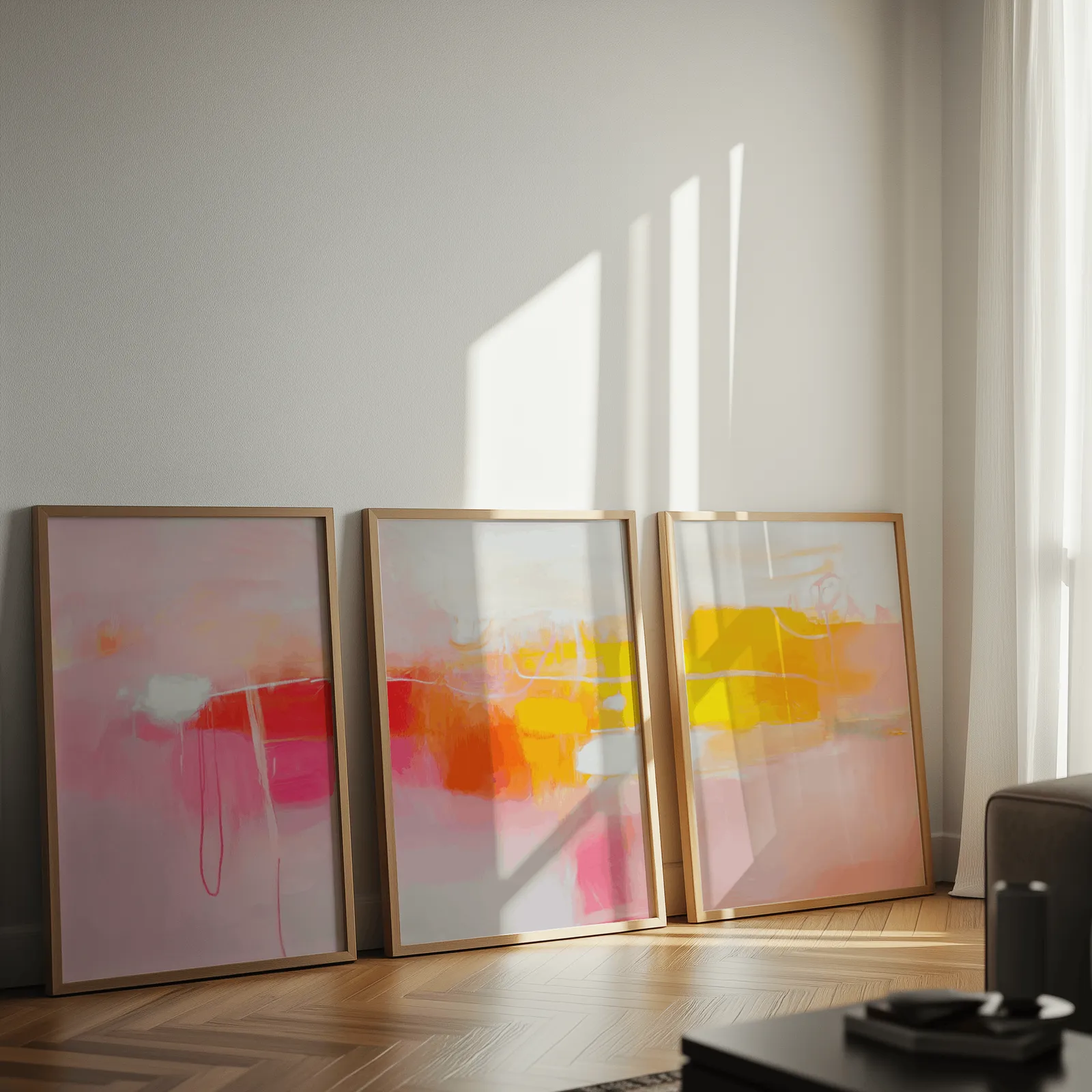colorful abstract wall art set of 3 in pink orange and yellow, leaning against a sunlit wall on herringbone flooring