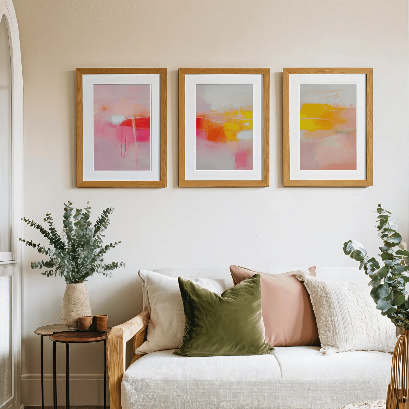 colorful abstract wall art set of 3 in pink orange and yellow, above a cream sofa piled with olive and blush pillows
