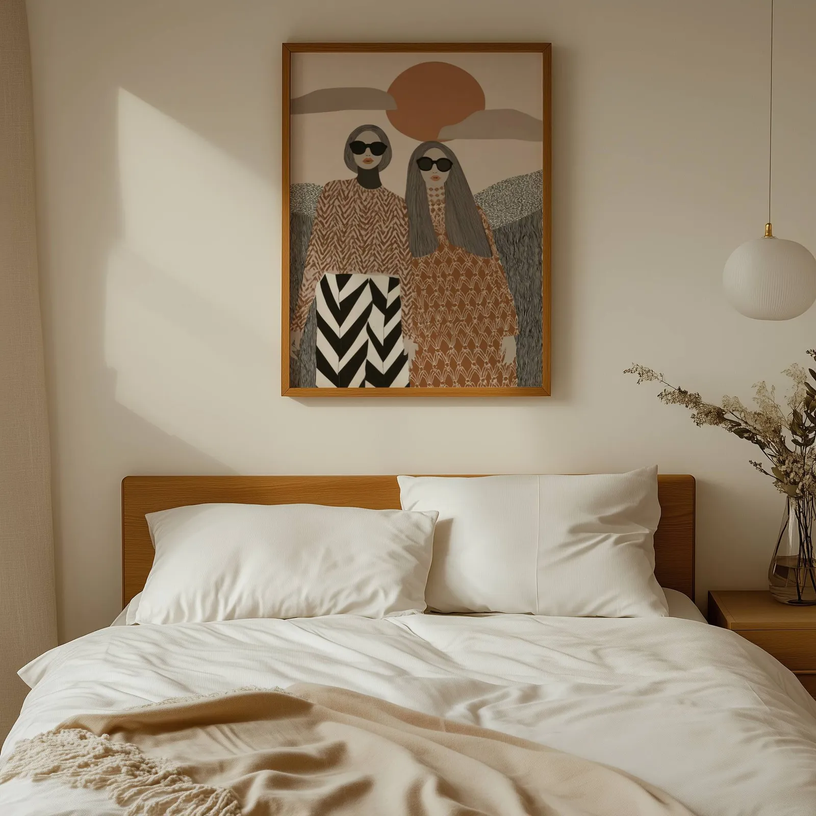 terracotta boho portrait wall art of two women, above a wooden headboard with white linen pillows