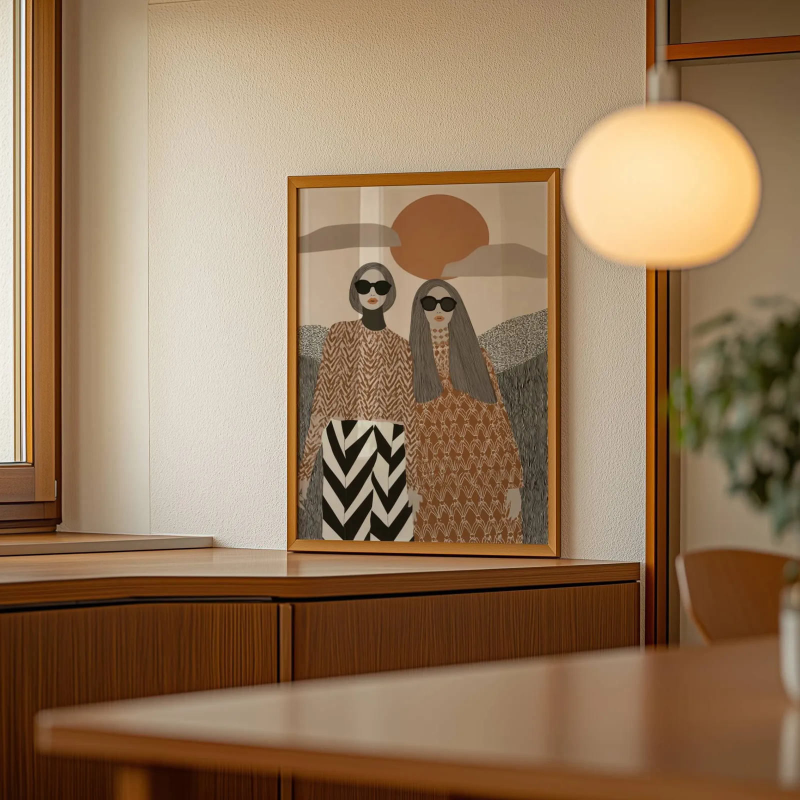 terracotta boho portrait wall art of two women, leaning on a wooden sideboard beside a glowing globe pendant