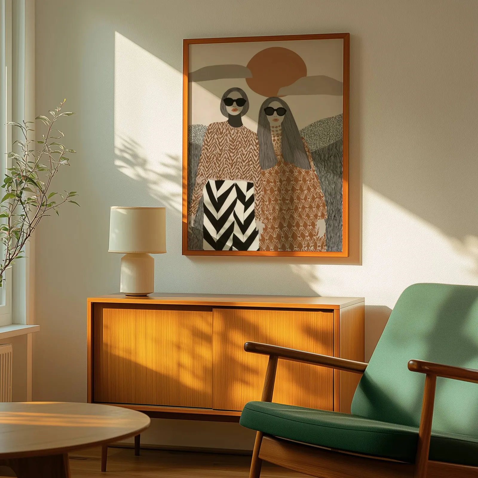 terracotta boho portrait wall art of two women, above a wooden sideboard with a ceramic lamp and dappled sunlight