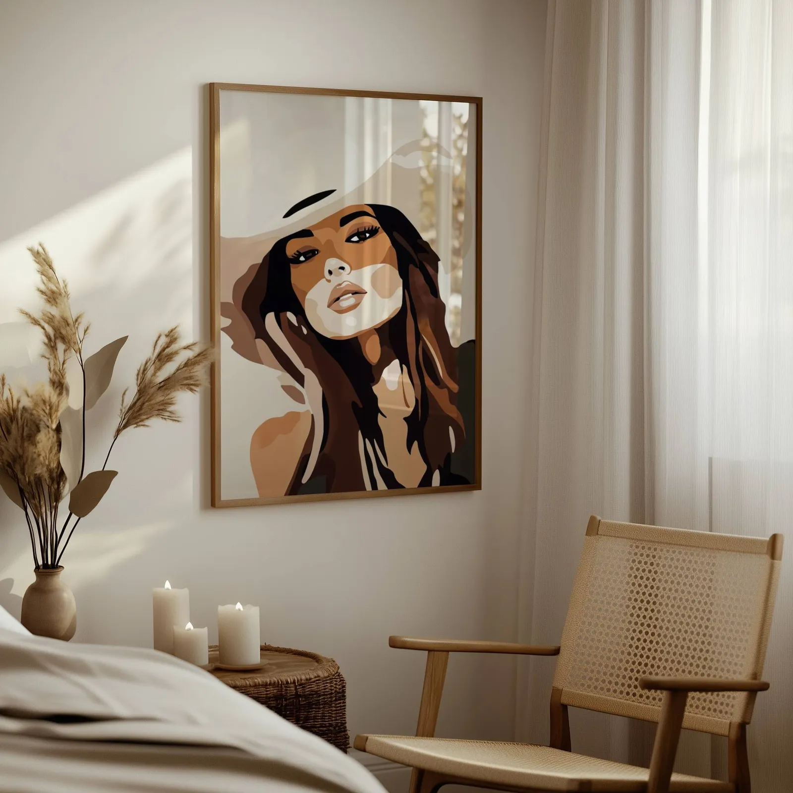 brown abstract woman portrait wall art, above a woven side table with lit candles and pampas grass