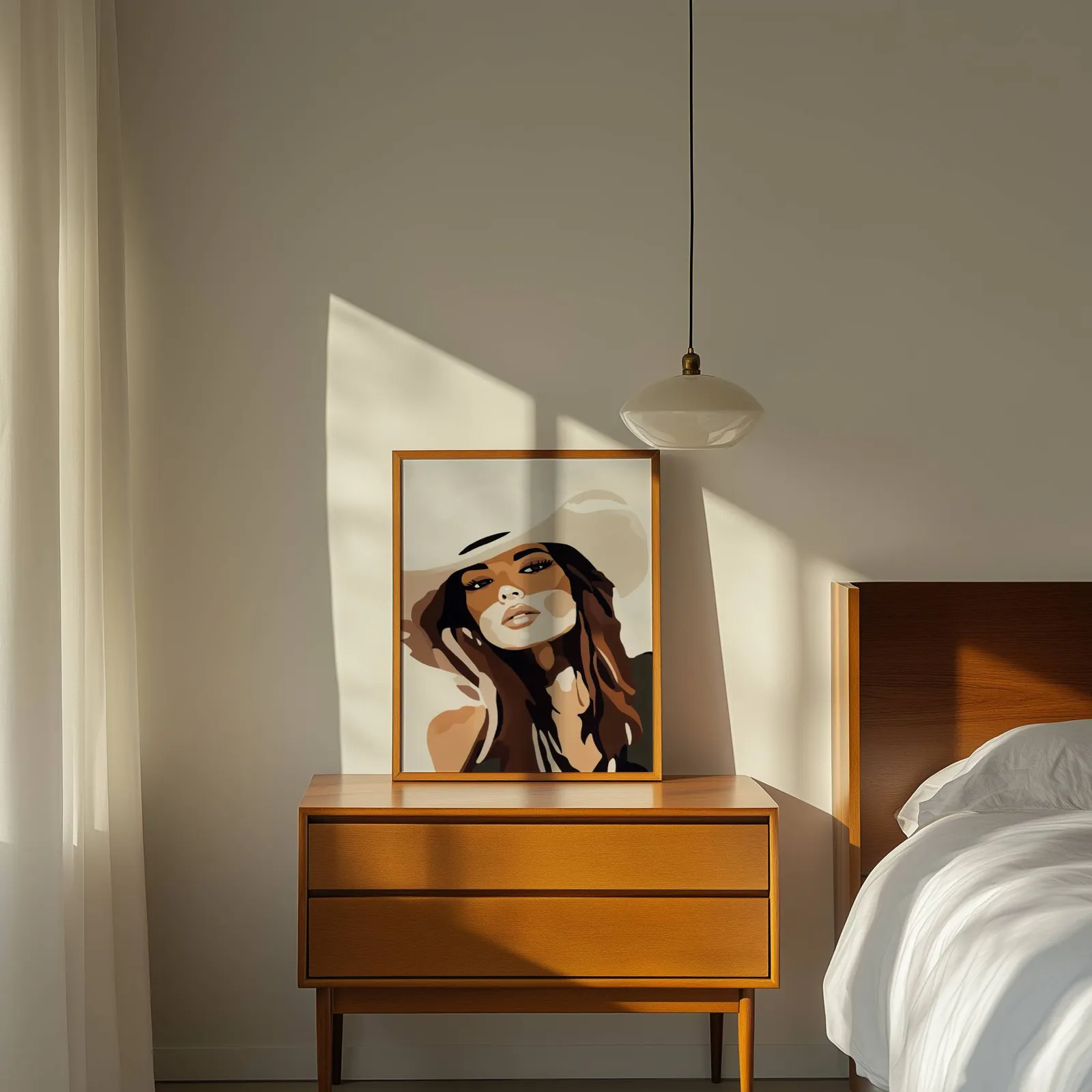 brown abstract woman portrait wall art, propped on a wooden dresser beside a pendant lamp