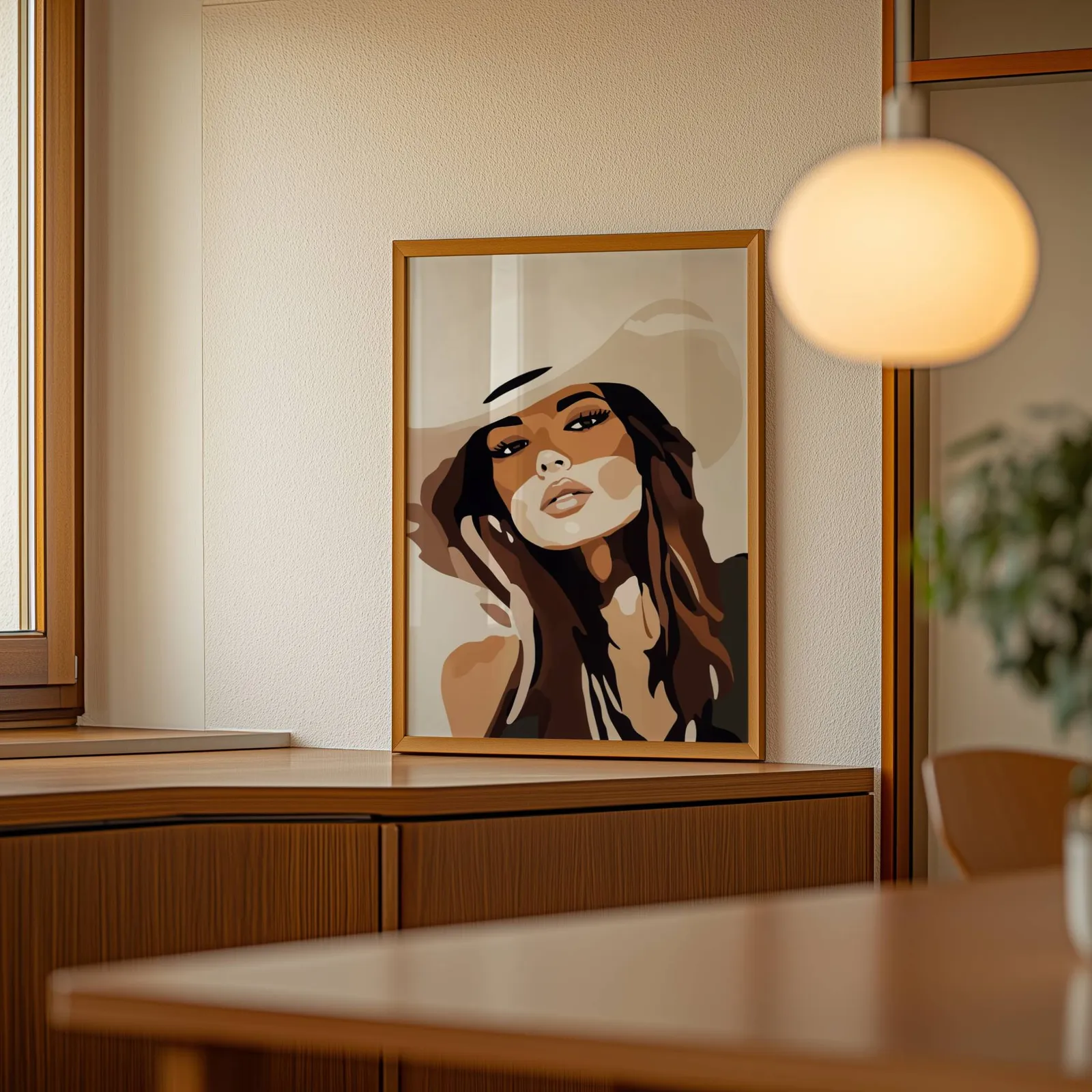 brown abstract woman portrait wall art, leaning on a wooden sideboard beside a glowing globe pendant