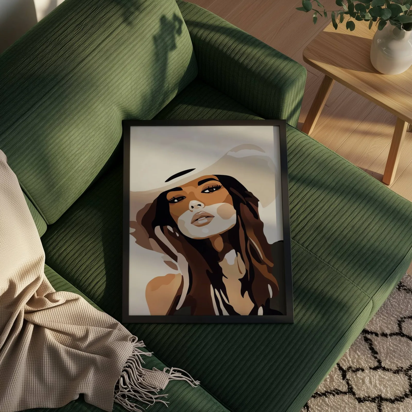 brown abstract woman portrait wall art, propped on a ribbed olive-green sofa beside a fringed throw