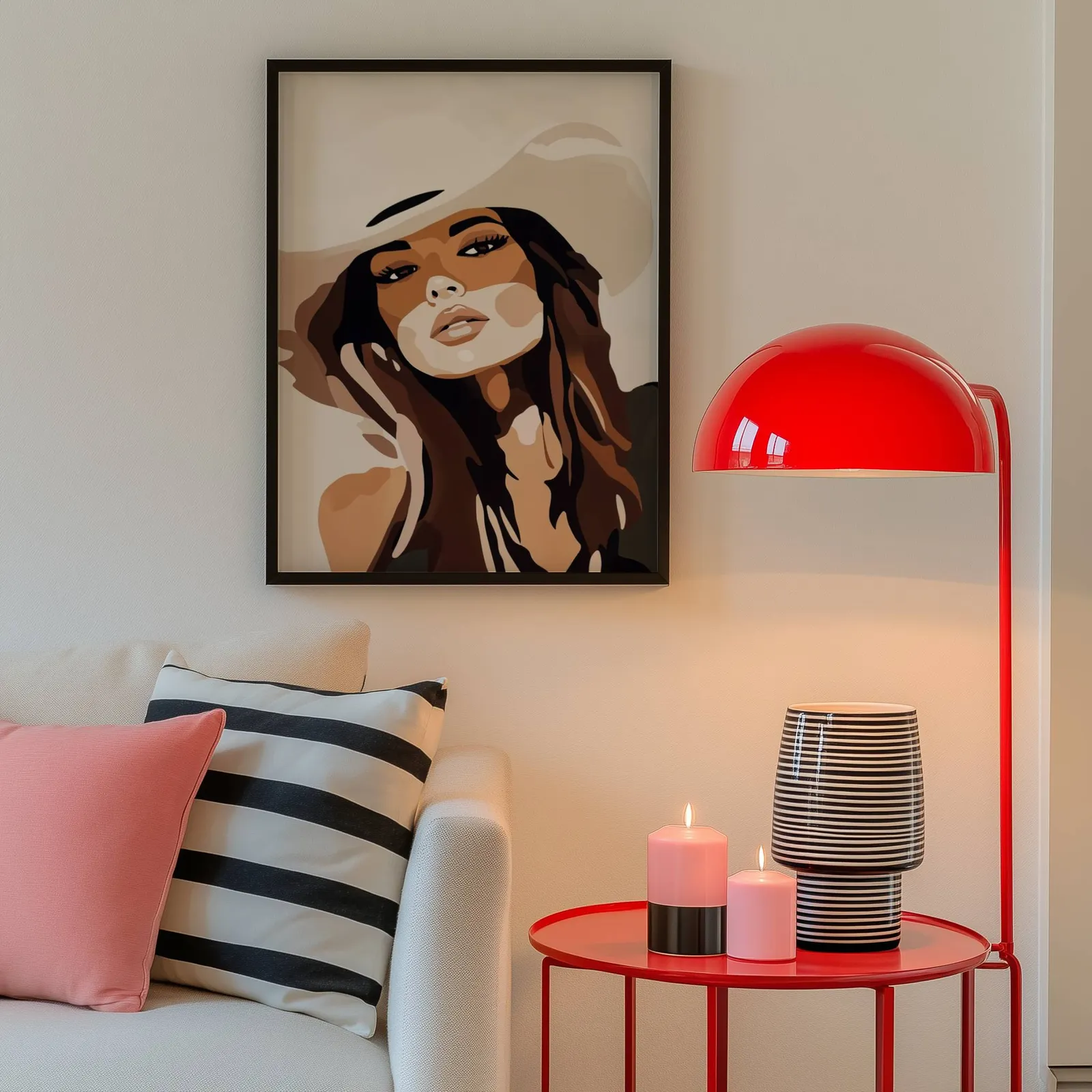 brown abstract woman portrait wall art, above a cream sofa beside a glossy red dome lamp