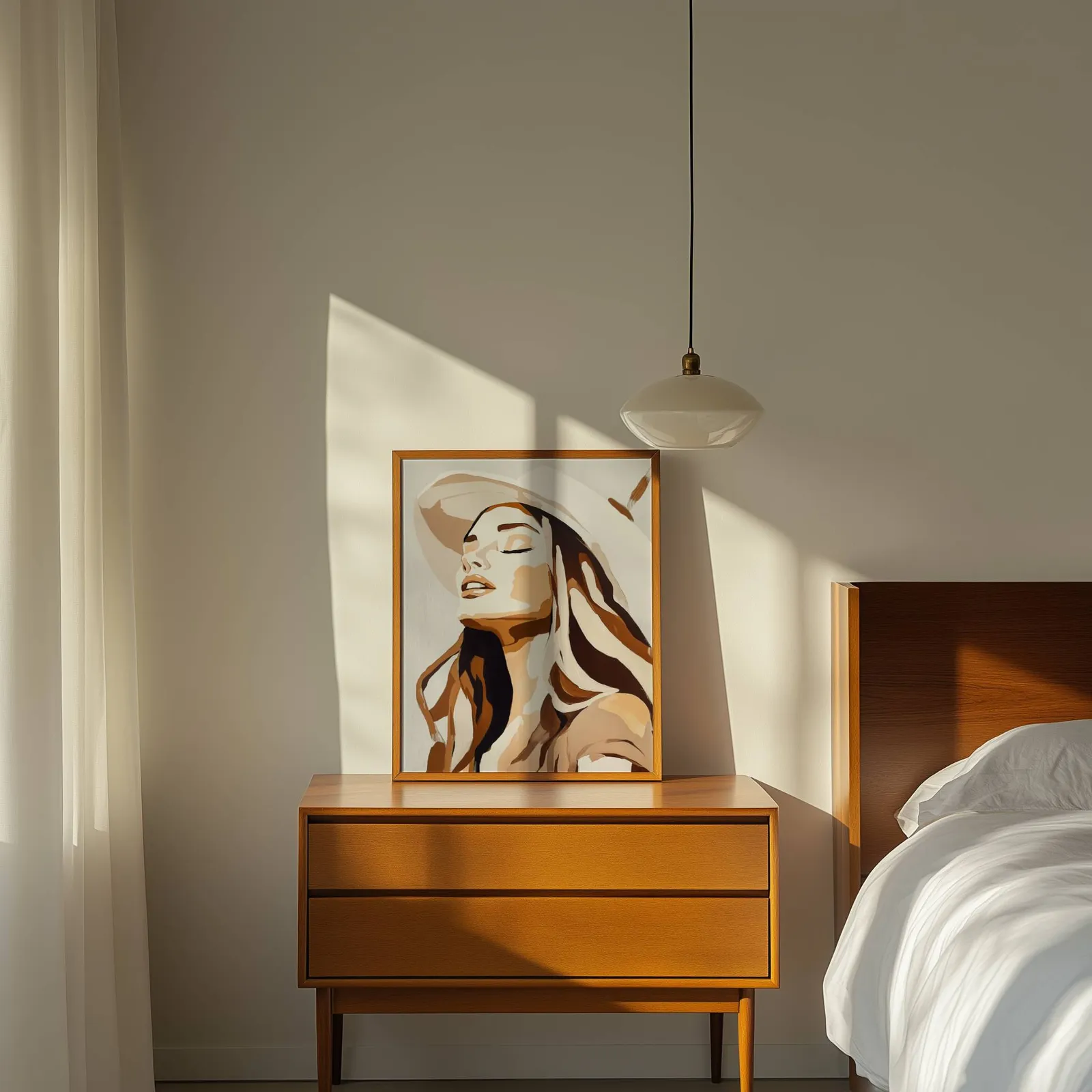 abstract woman wall art in brown and beige, propped on a wooden dresser beside a pendant lamp