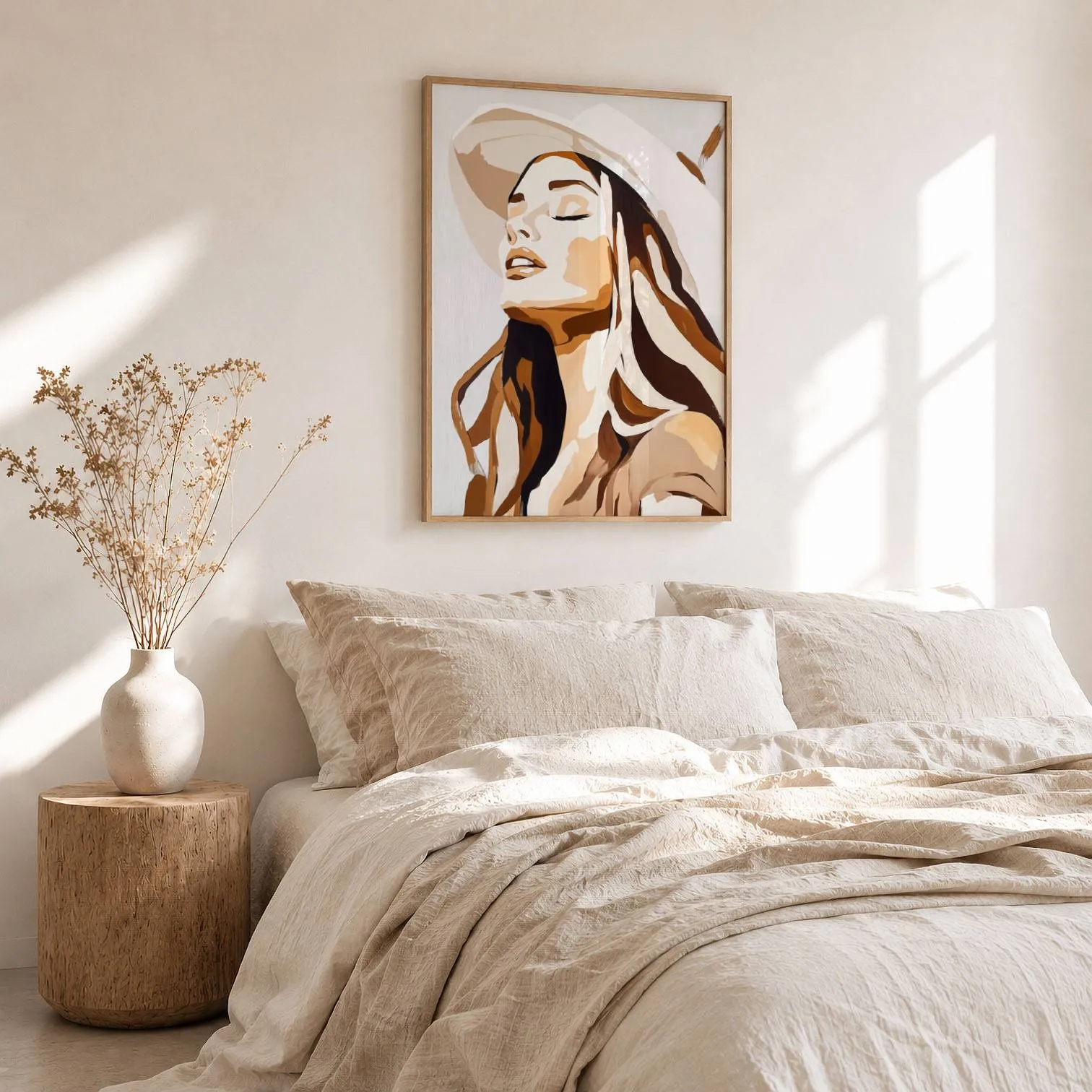 abstract woman wall art in brown and beige, above a rumpled linen bed beside a stump side table