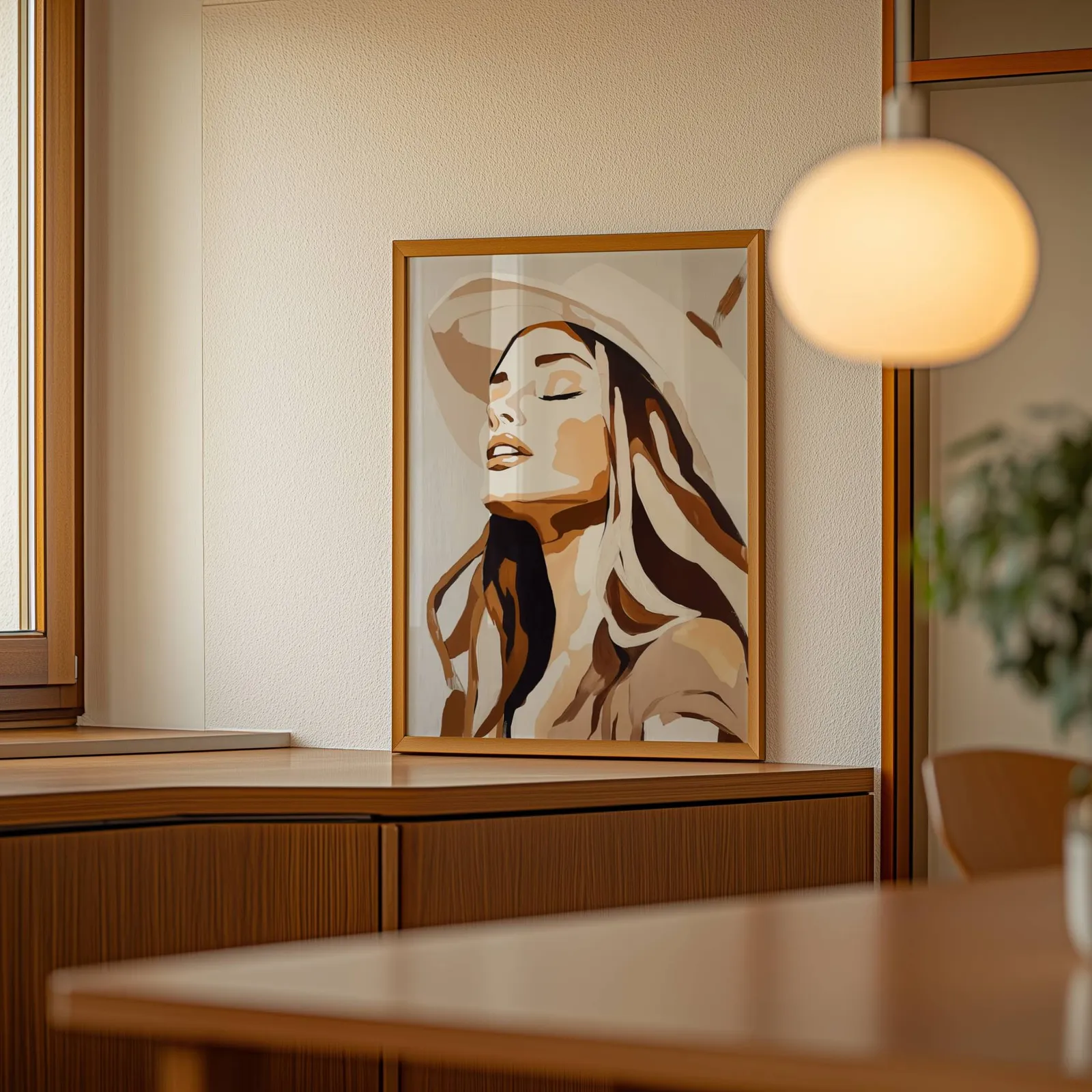 abstract woman wall art in brown and beige, leaning on a wooden sideboard beside a glowing globe pendant