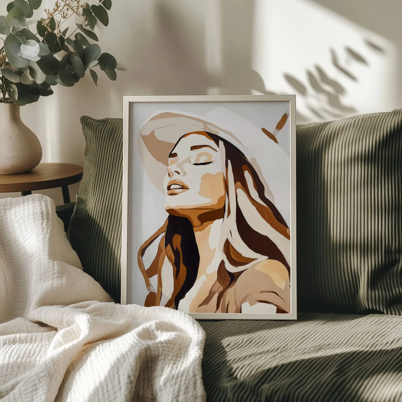 abstract woman wall art in brown and beige, propped on an olive corduroy sofa beside a eucalyptus vase
