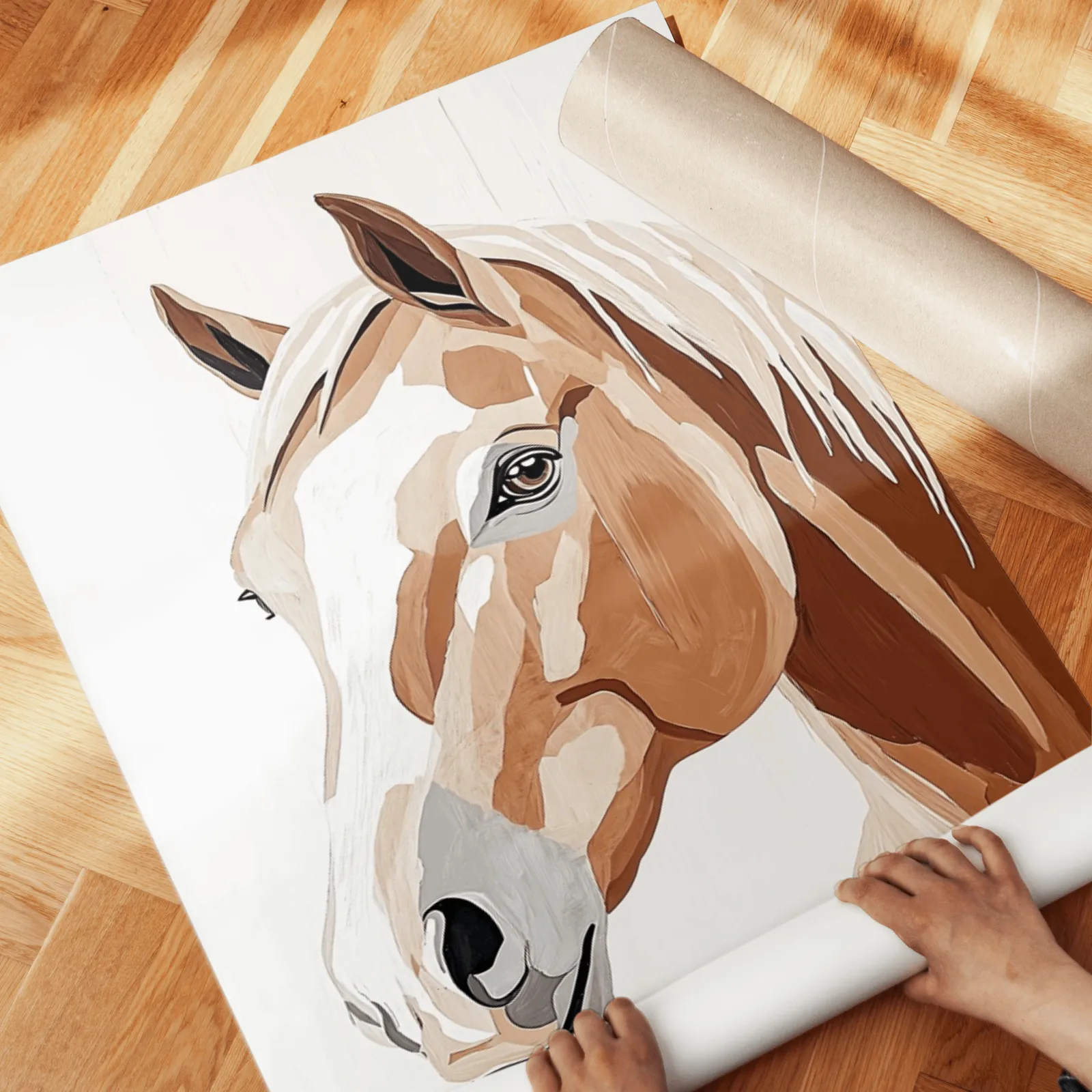 western cowgirl and horse wall art set in brown and beige, unrolled across a herringbone parquet floor by hand