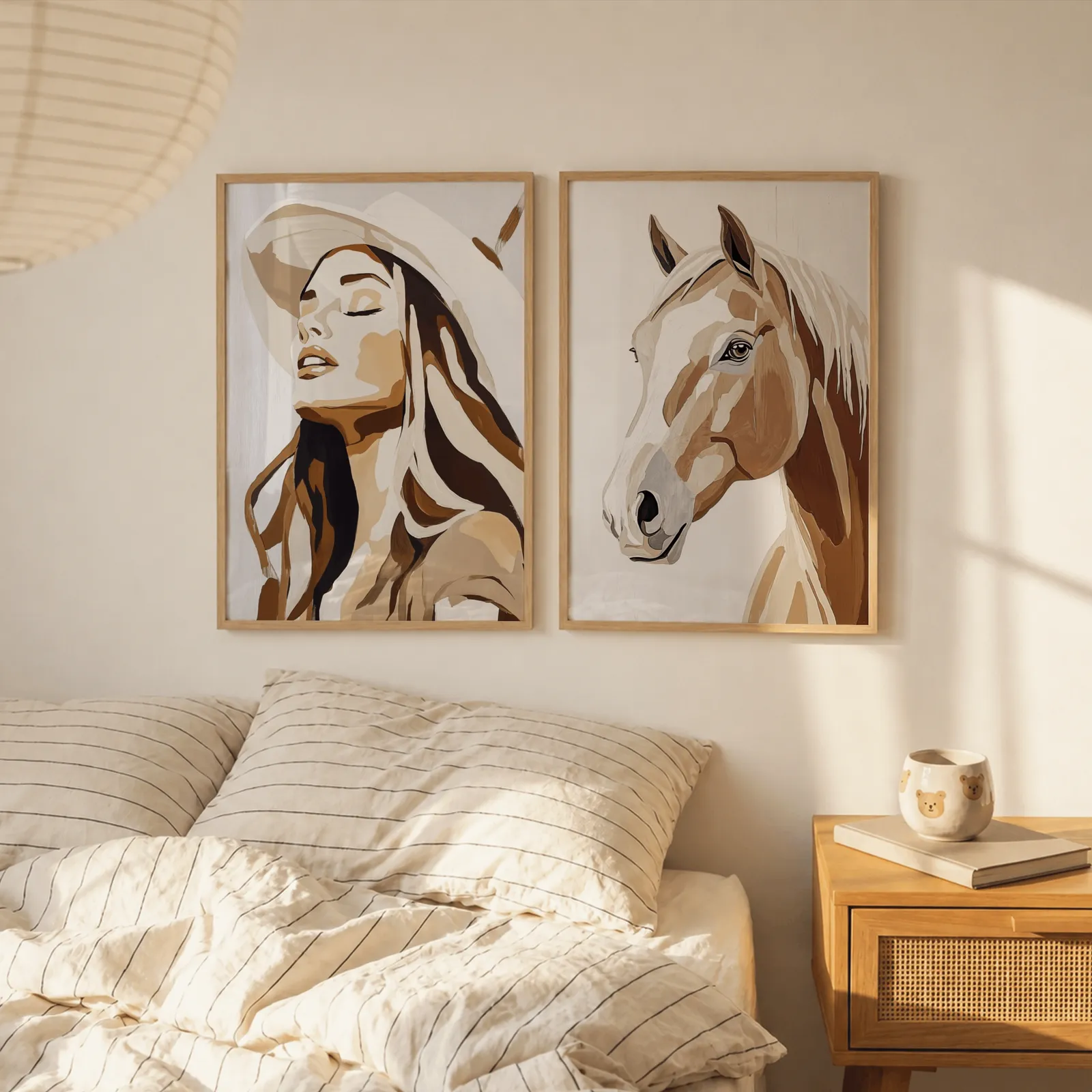 western cowgirl and horse wall art set in brown and beige, above a striped linen bed beside a paper lantern shade