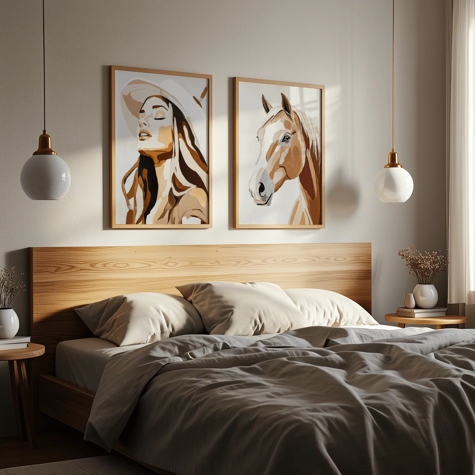 western cowgirl and horse wall art set in brown and beige, above a wooden headboard flanked by globe pendant lights