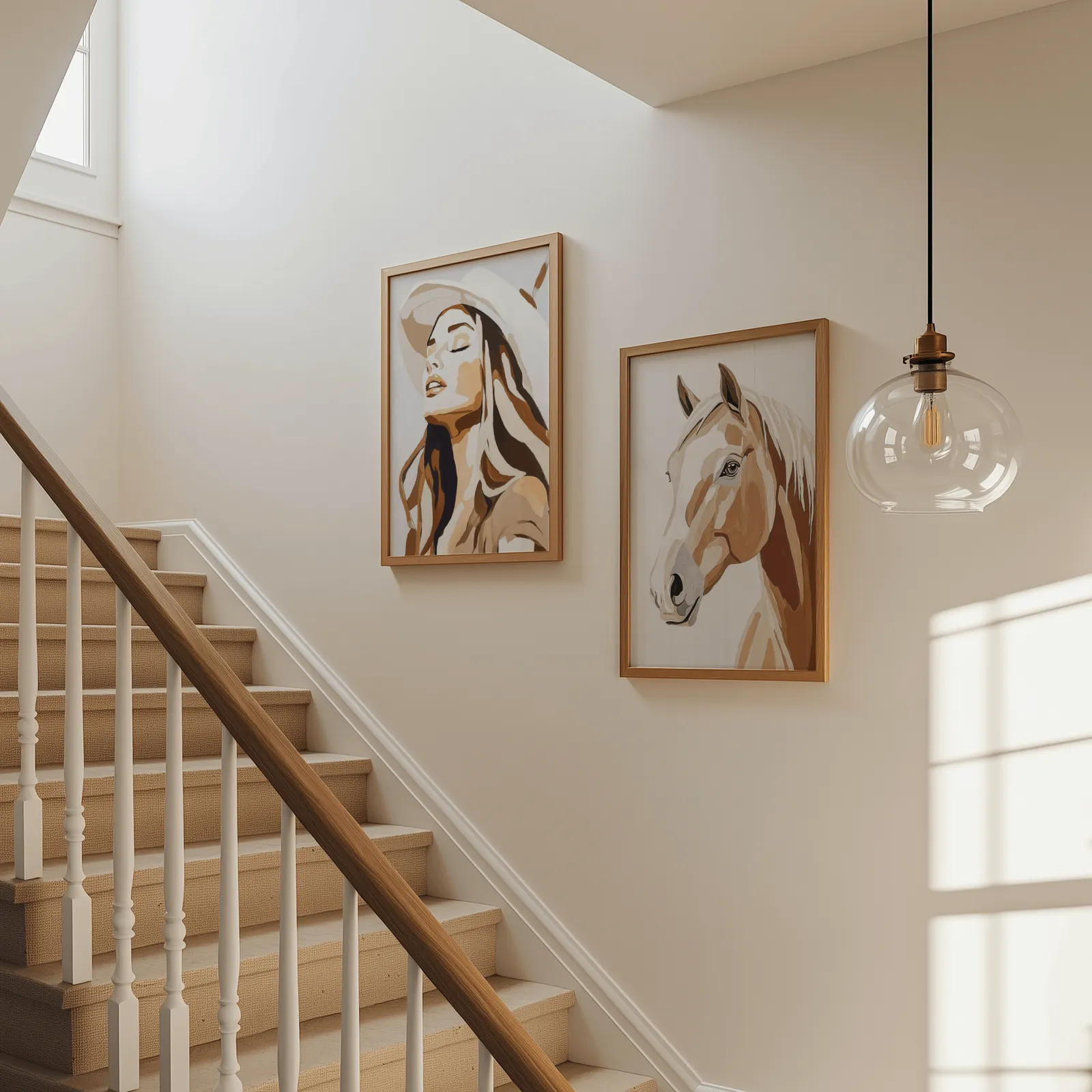 western cowgirl and horse wall art set in brown and beige, beside a carpeted staircase under a glass pendant light