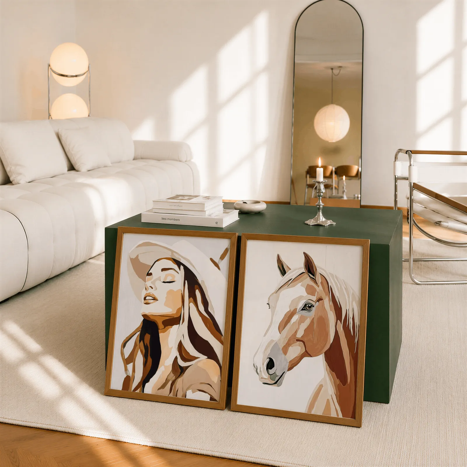 western cowgirl and horse wall art set in brown and beige, leaning against a dark green cube table beside an arched mirror