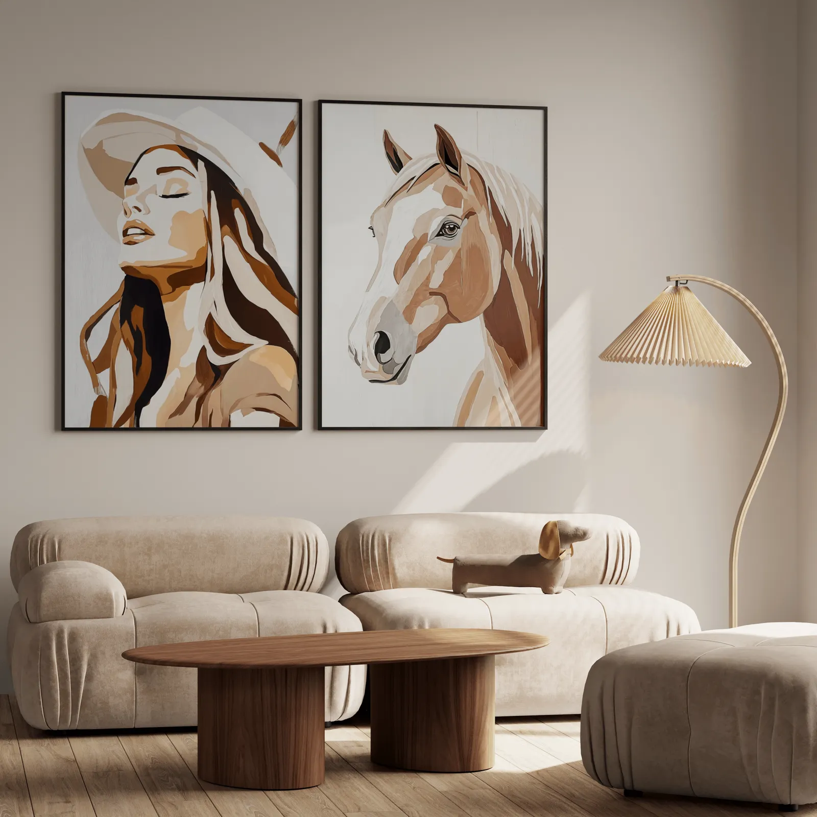 western cowgirl and horse wall art set in brown and beige, above a plush beige sofa with a pleated lamp nearby