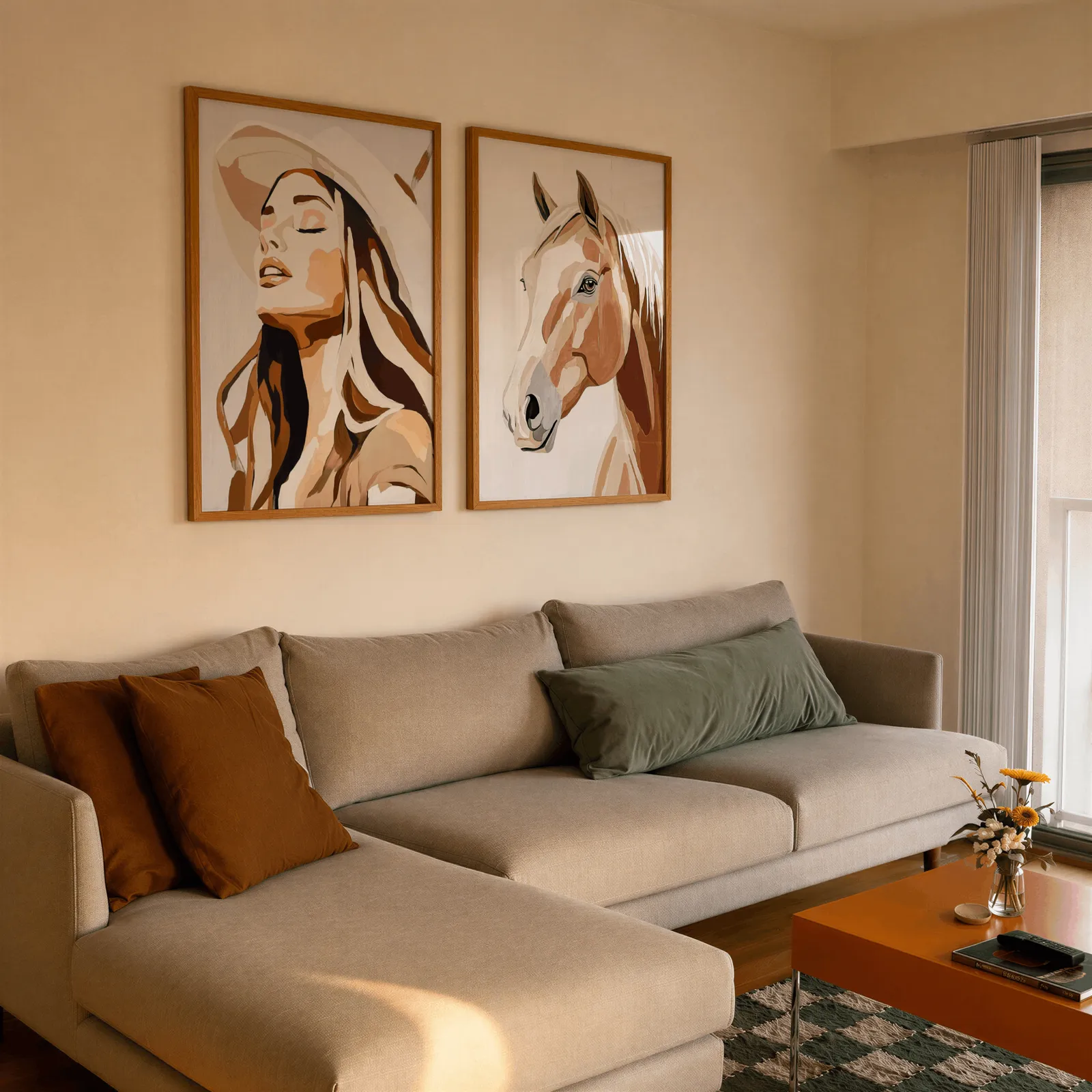 western cowgirl and horse wall art set in brown and beige, side by side above a beige sectional sofa