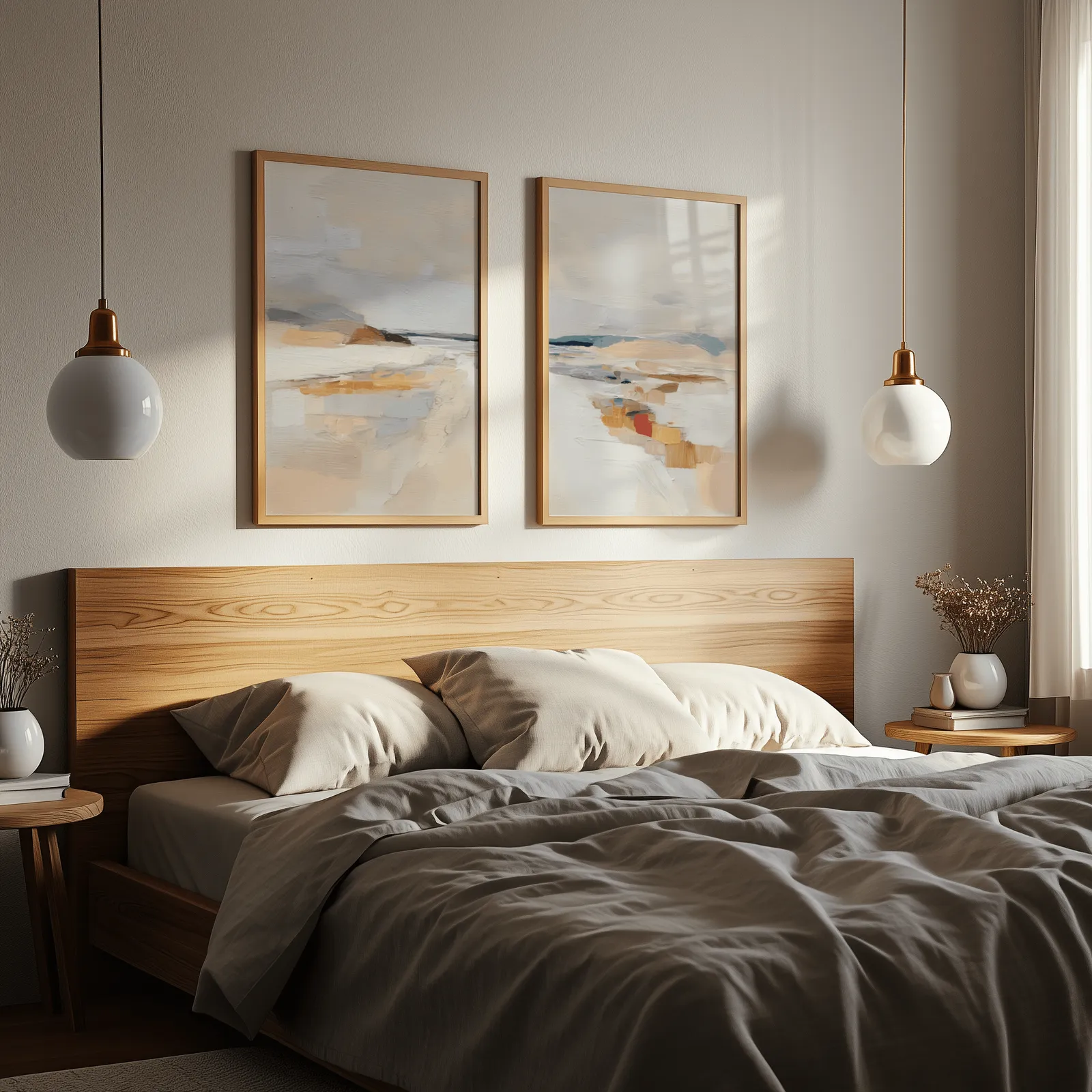 beige coastal abstract wall art set of two, above a wooden headboard flanked by globe pendant lights