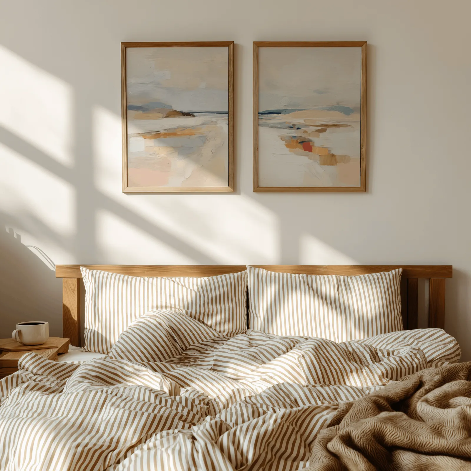 beige coastal abstract wall art set of two, above a wooden headboard with striped bedding and raking sunlight