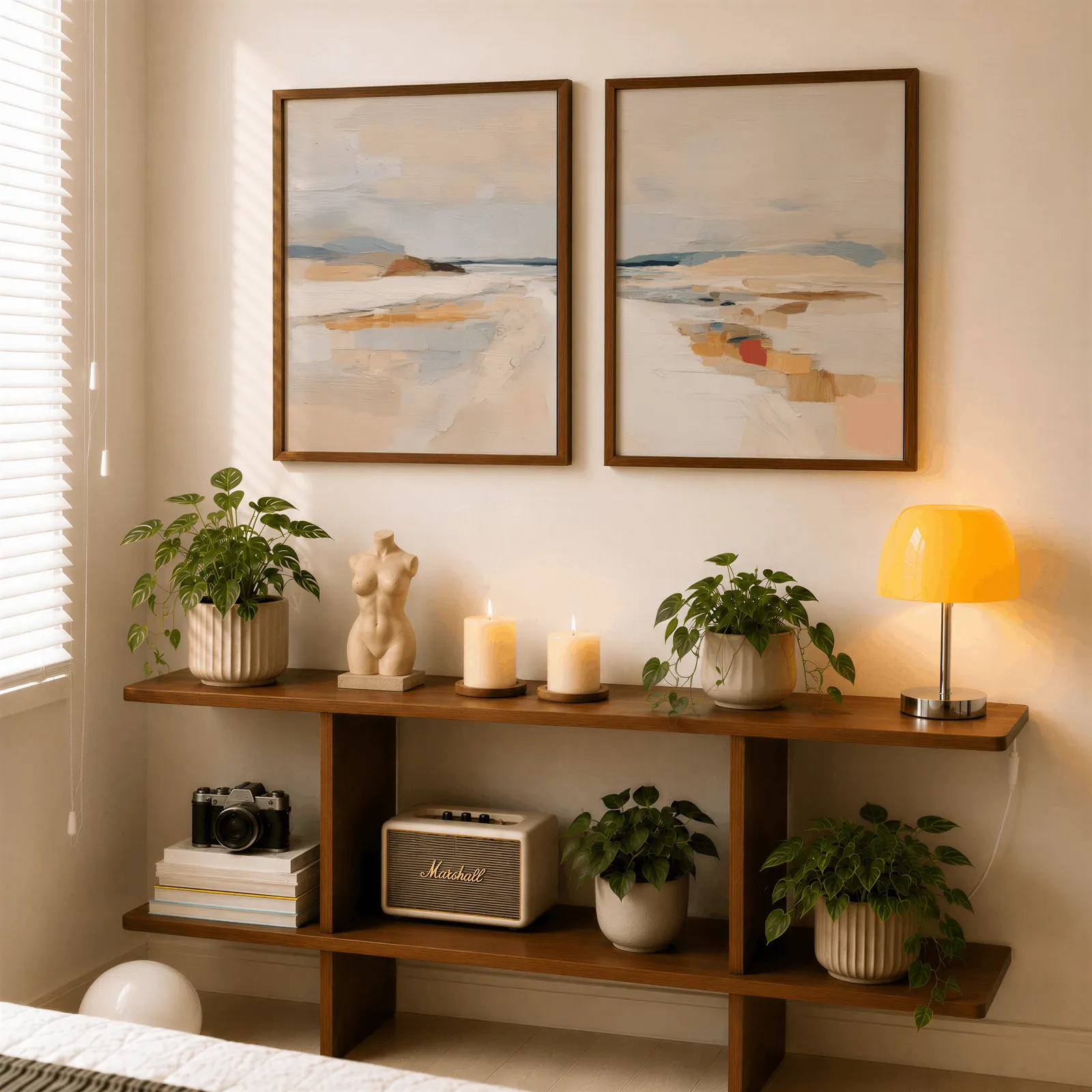 beige coastal abstract wall art set of two, above a wooden console shelf with potted plants and a yellow lamp