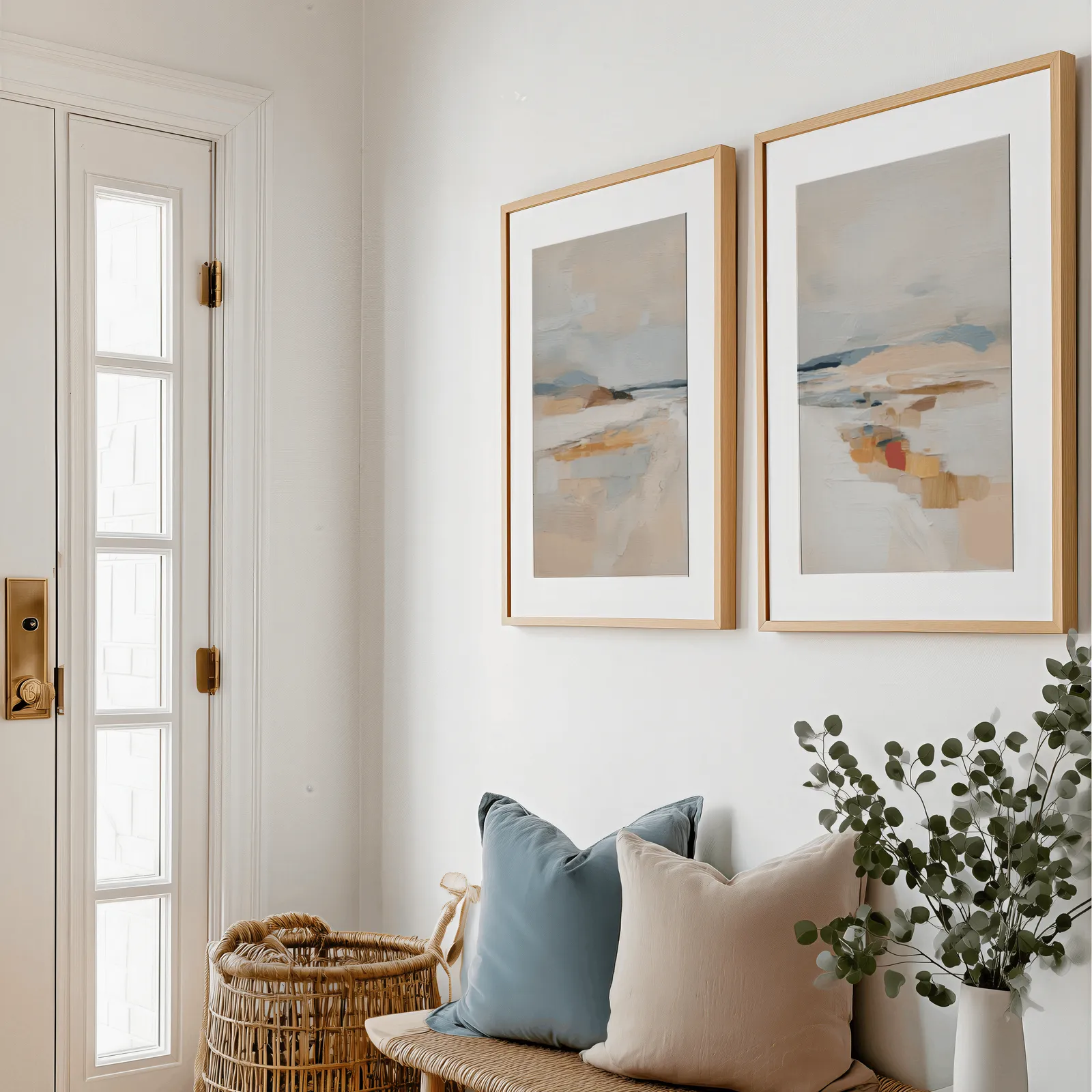 beige coastal abstract wall art set of two, above a bench with blue and blush pillows near the entry door