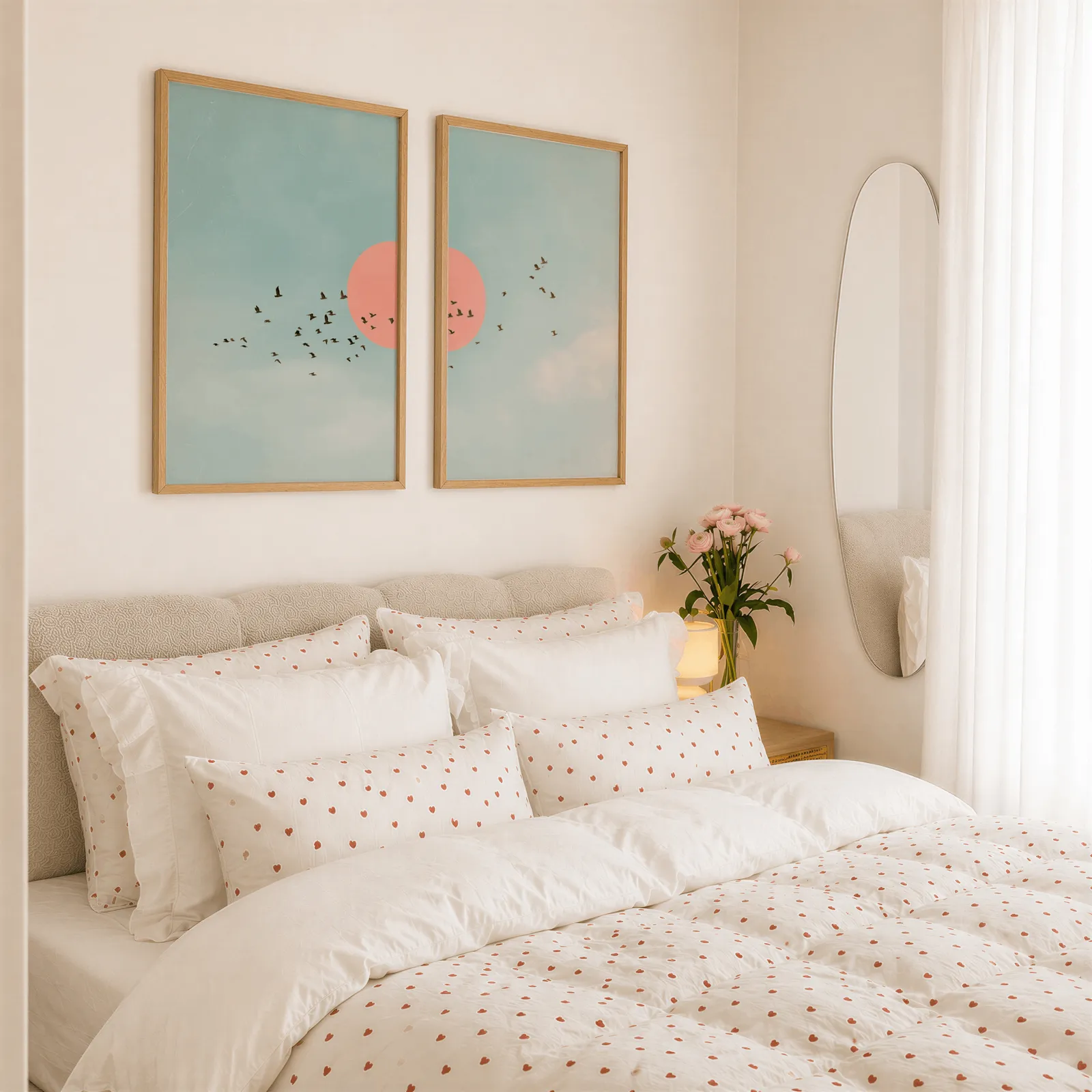 blue and pink bird wall art set of two, above a tufted headboard piled with heart-print pillows