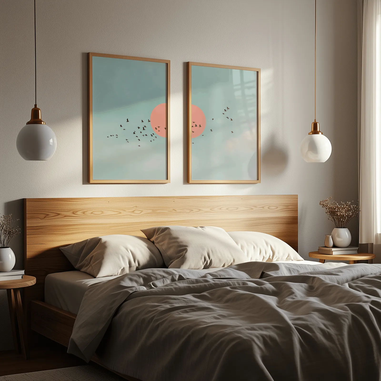 blue and pink bird wall art set of two, above a wooden headboard flanked by globe pendant lights